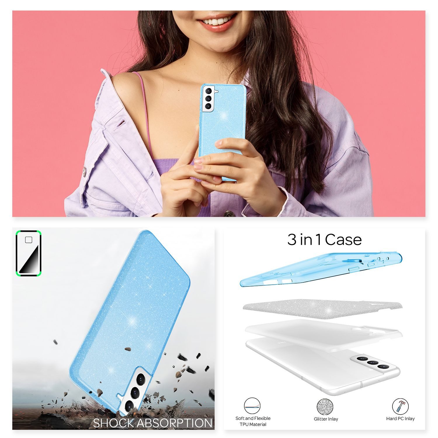 Nalia Smartphone-Hülle Samsung Galaxy S21 FE 16,3 cm (6,4 Zoll), Glitzer Silikon Hülle / Verstärkte Innenseite / Glänzende Schutzhülle