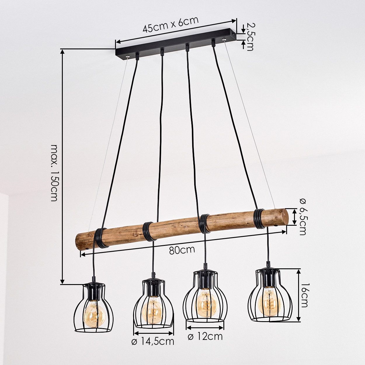 hofstein Pendelleuchte Pendellampe aus Metall/Holz in Schwarz/Naturfarben in Gitter-Optik, moderne Hängeleuchte im Retro/Vintage/Boho-Design, 4 x E27 – Bild 4 von 5
