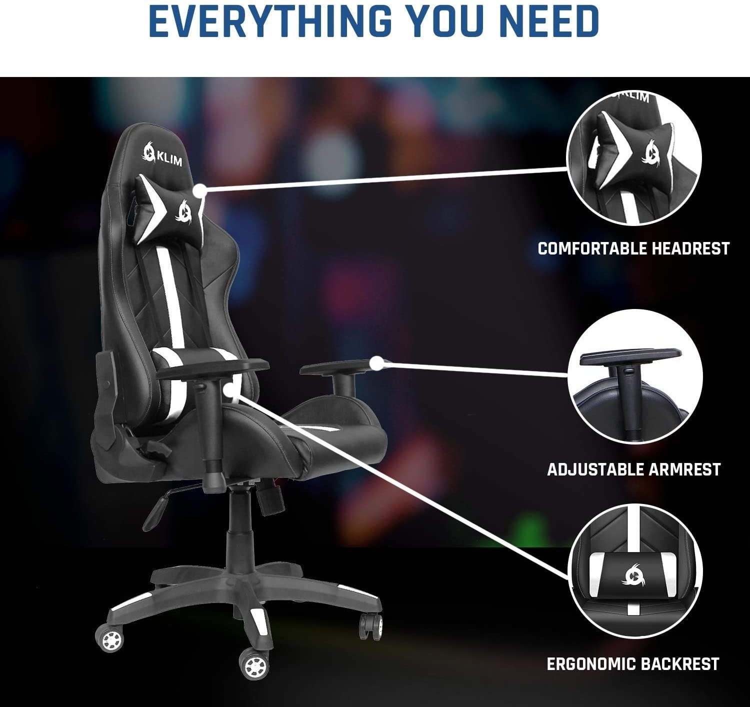 Stuhl Gaming Sitzmöglichkeit, Ergonomischer KLIM 1st Gaming Stuhl, Weiß Qualität, Hochwertige Stylischer Gaming-Stuhl fürs