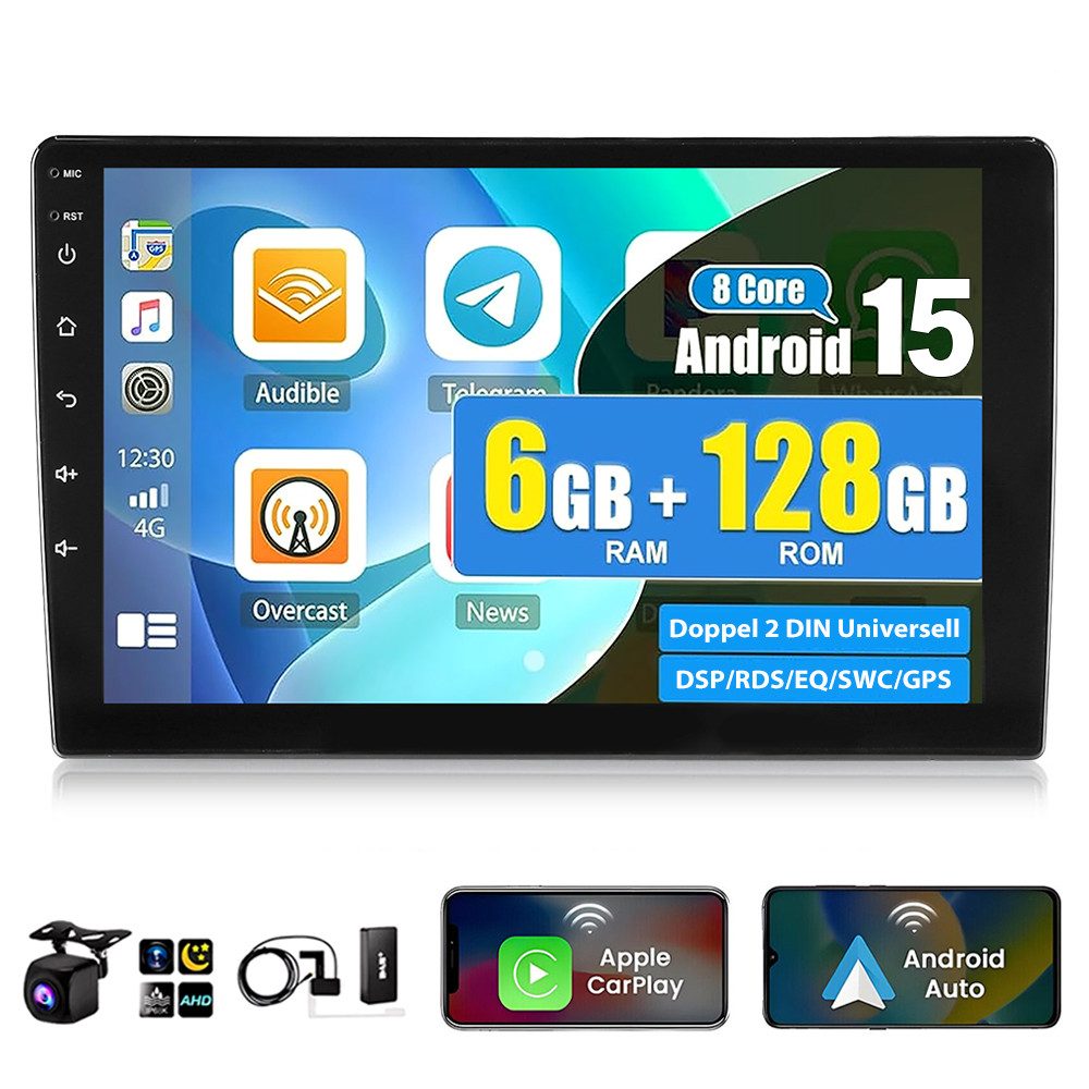 ESSGOO 10'' DAB+ 2DIN 6+128G Android 15 GPS Navi DAB Bluetooth WIFI Carplay Autoradio (DAB+ (optional), DAB (optional), RDS, 6GB+128GB, AM, FM, 10 Zoll Octa-Core 8-Kern DSP 4G LTE SWC BT EQ GPS Navi WIFI)