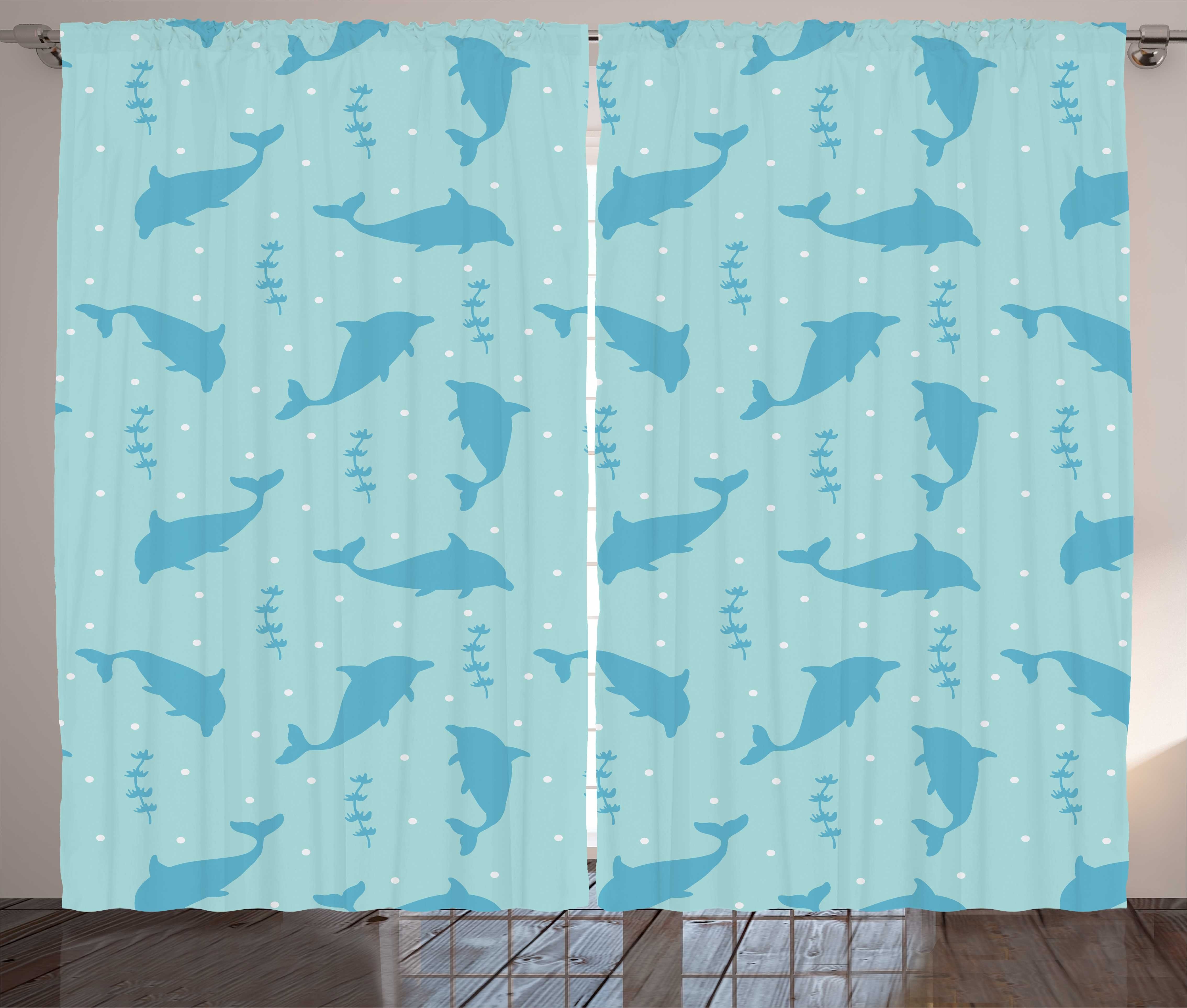 Gardine Schlafzimmer Kräuselband Vorhang mit Schlaufen und Haken, Abakuhaus, Delfin Aquatic Tier-Silhouetten