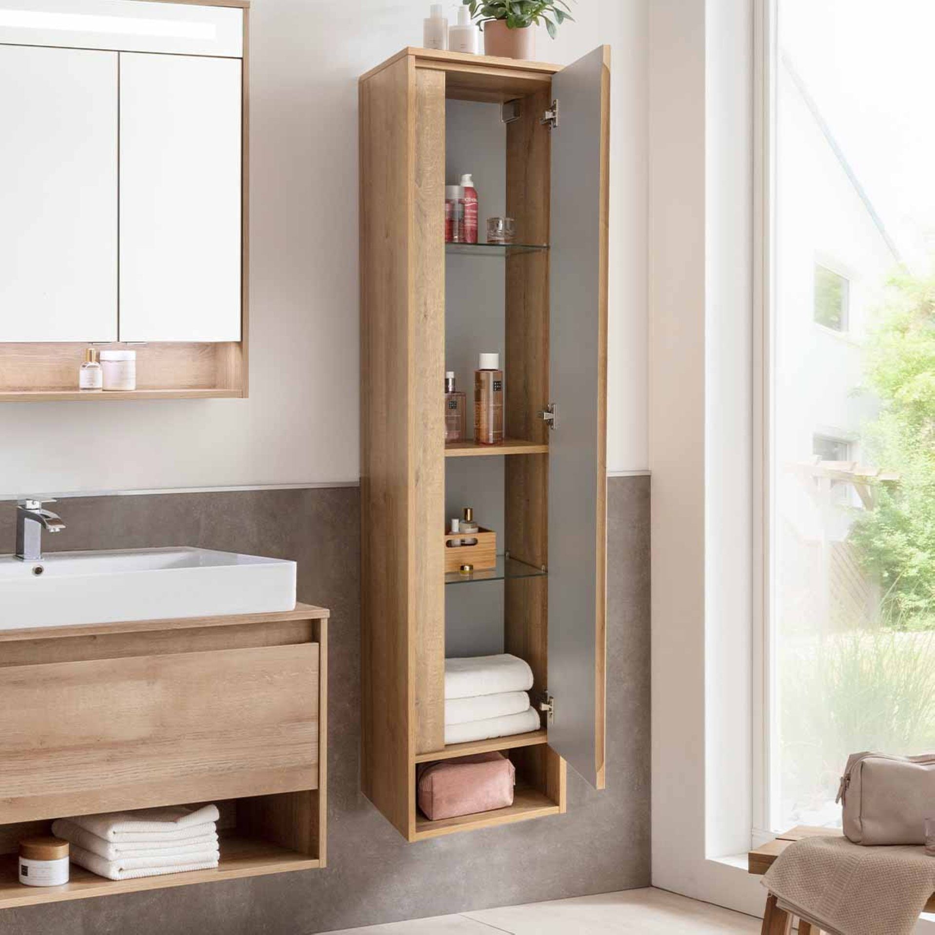 FACKELMANN Badmöbel-Set NATURA Badmöbelset 4-teilig, 94 cm, Spiegelschrank + Hochschrank