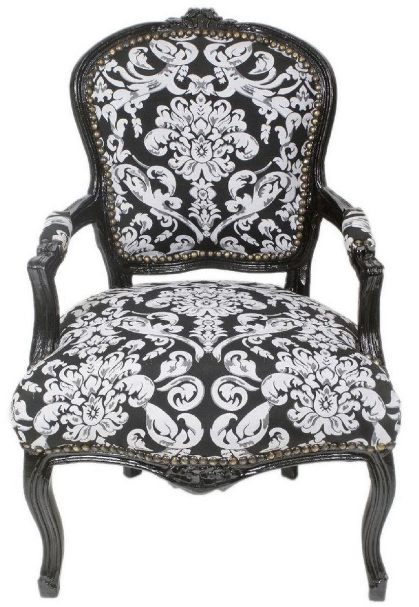 Casa Padrino Besucherstuhl Barock Salon Stuhl mit Armlehnen und elegantem Muster Schwarz / Weiß 60 x 60 x H. 95 cm - Handgefertigter Antik Stil Stuhl - Möbel im Barockstil