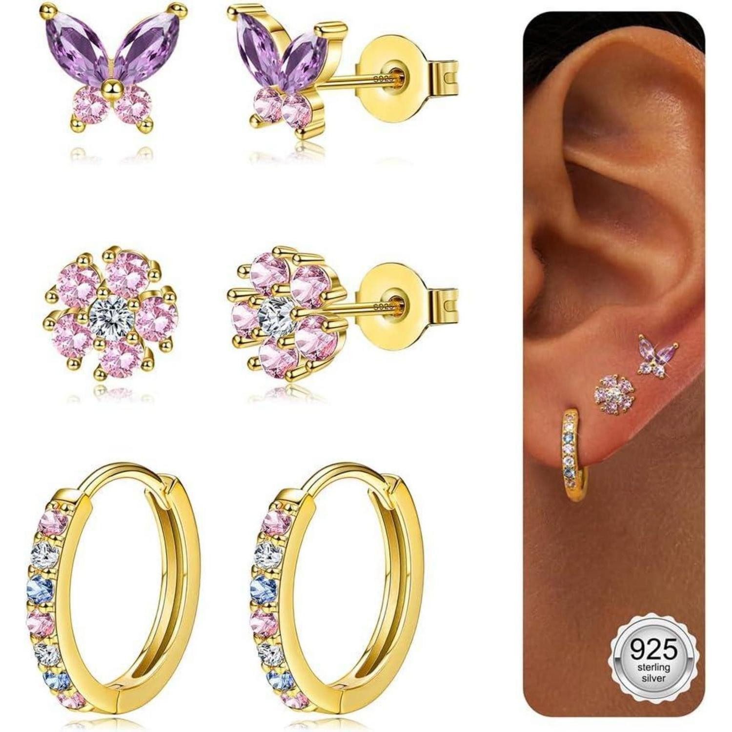 Ohrring-Set 3er Set Damen Ohrringe Silber Gold 925 Ohrstecker Creolen Piercings