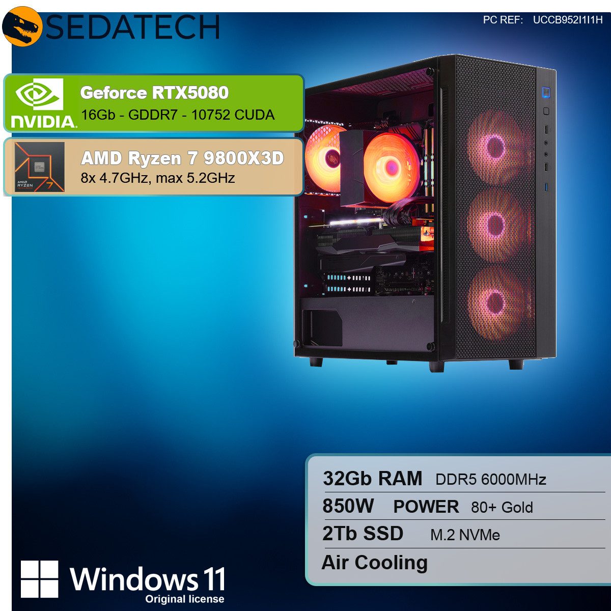 Sedatech UCCB952I1I1HF - Gaming-PC (AMD Ryzen 7 9800X3D 8x 4.7GHz (max 5.2GHz), Geforce RTX5080 16GB, 32 GB RAM, 2000 GB SSD, Wlan 6E)
