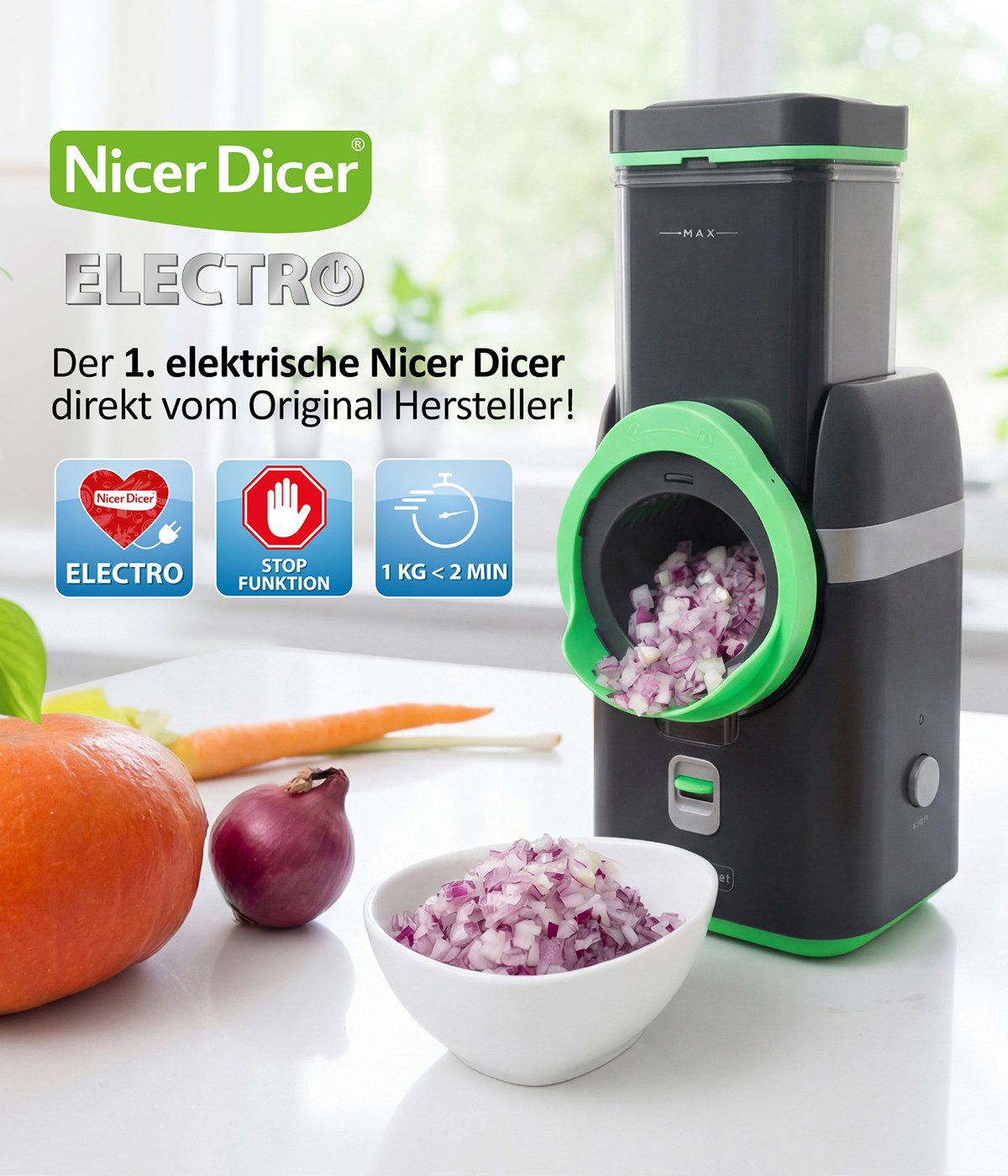 Genius Gemüseschneider Nicer Dicer Electro Deluxe 32 tlg, Gemüsehobel elektrisch, 9 Einsätze, 80 W, Extra-scharfe G-NOX Edelstahlklingen, einfache Reinigung, ko – Bild 5 von 5