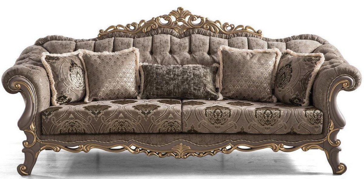 Casa Padrino Sofa Luxus Barock Sofa Braun / Grau / Gold 240 x 96 x H. 94 cm - Prunkvolles Wohnzimmer Sofa mit dekorativen Kissen - Möbel im Barockstil