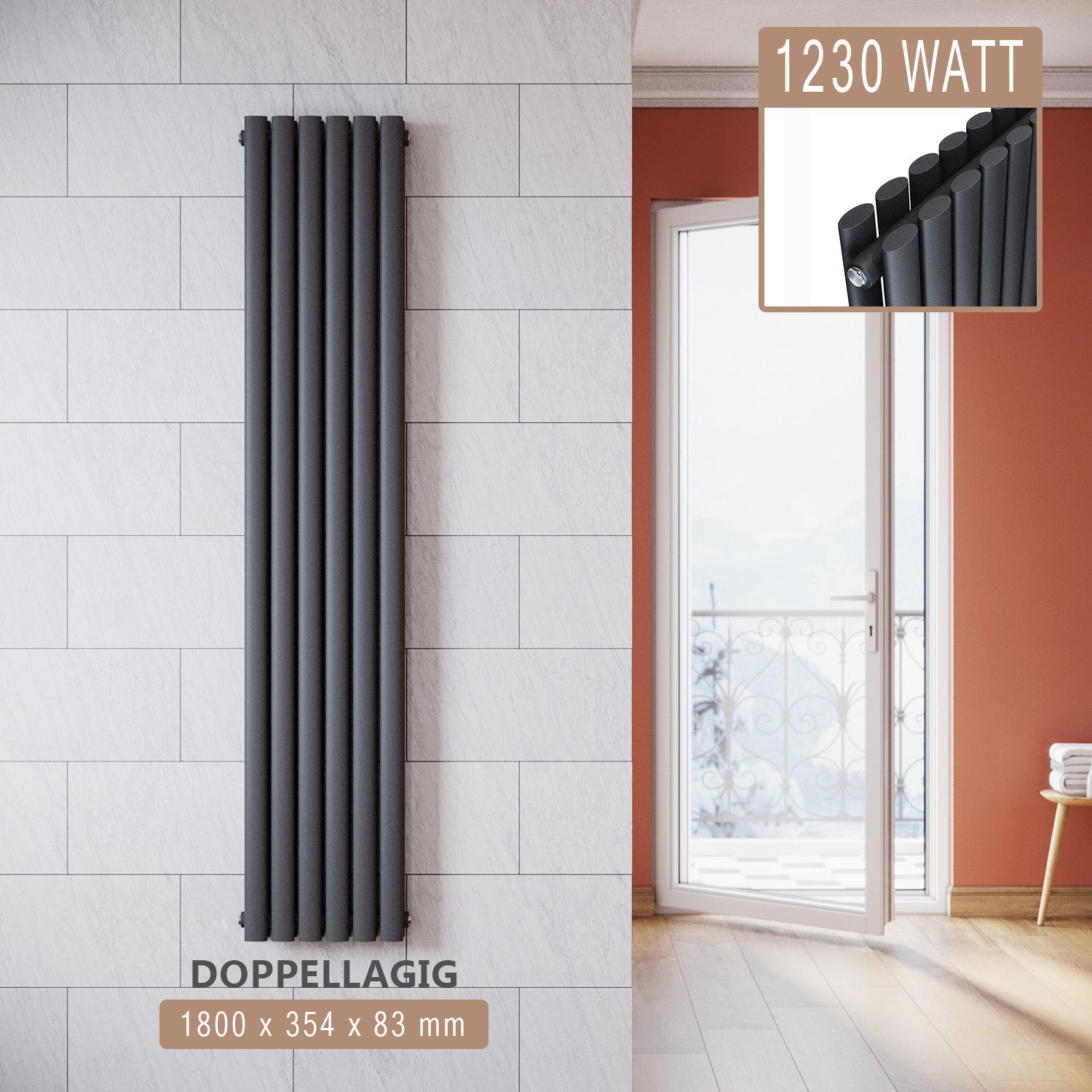 SONNI Heizkörper Warmwasser mit Multiblock, 1600x354mm / 1800x354mm, Doppellagig