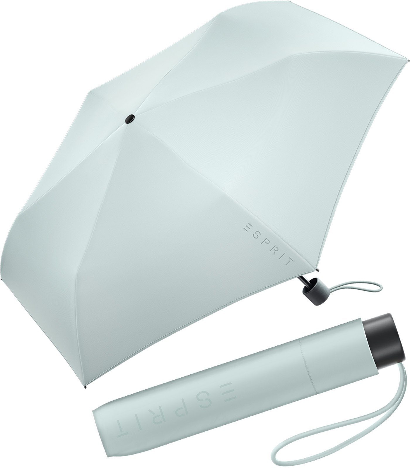 Esprit Taschenregenschirm Mini Regenschirm Damen Slimline FJ 2022, sehr leicht, in den neuen Trendfarben graublau