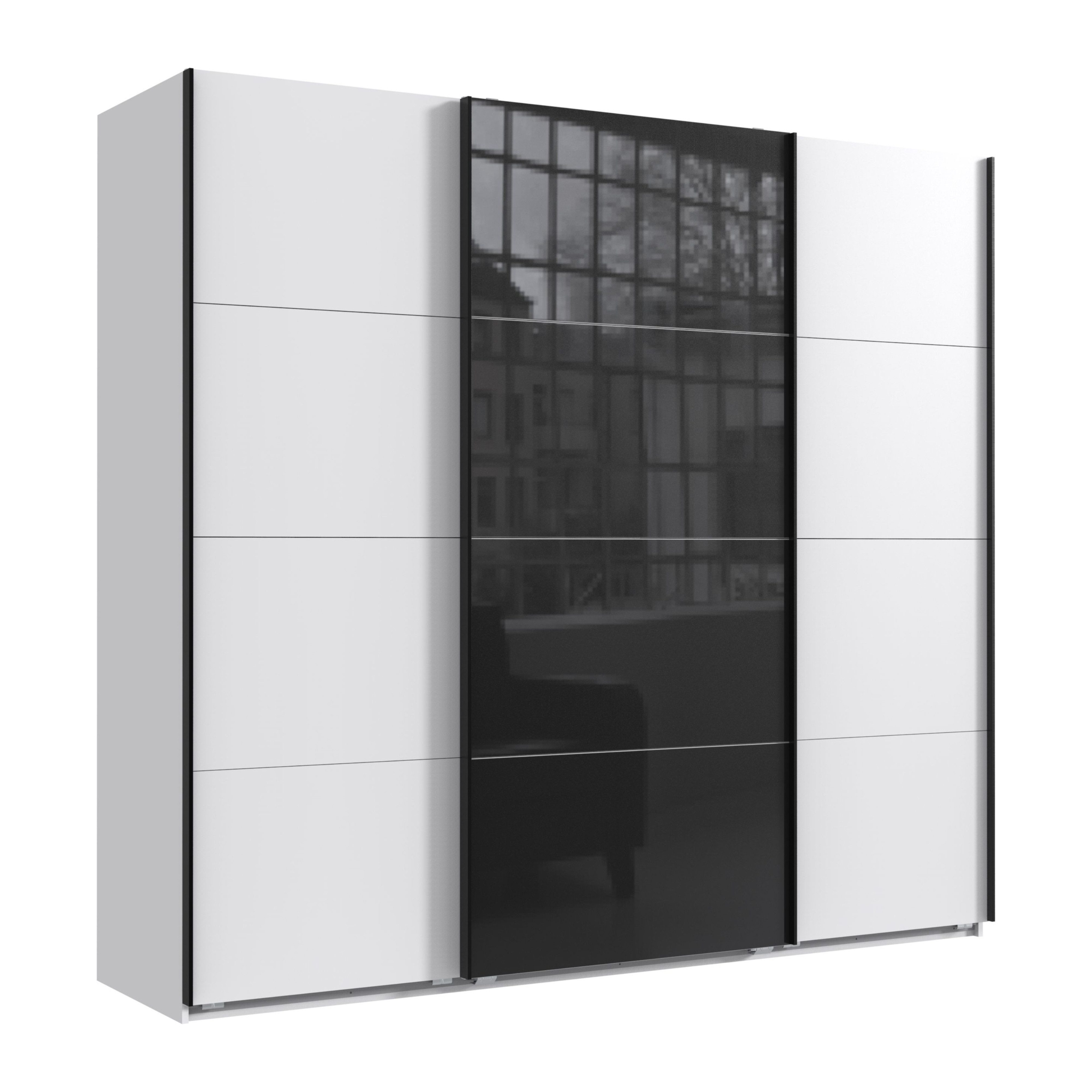 luma-home Schwebetürenschrank 22522 (B225/H208/T64 cm mit Kleiderstange, Einlegeböden, Stoffboxen) in Weiß, eine Tür mit Glasfront in Schwarz,schwarze Metallgriffleisten