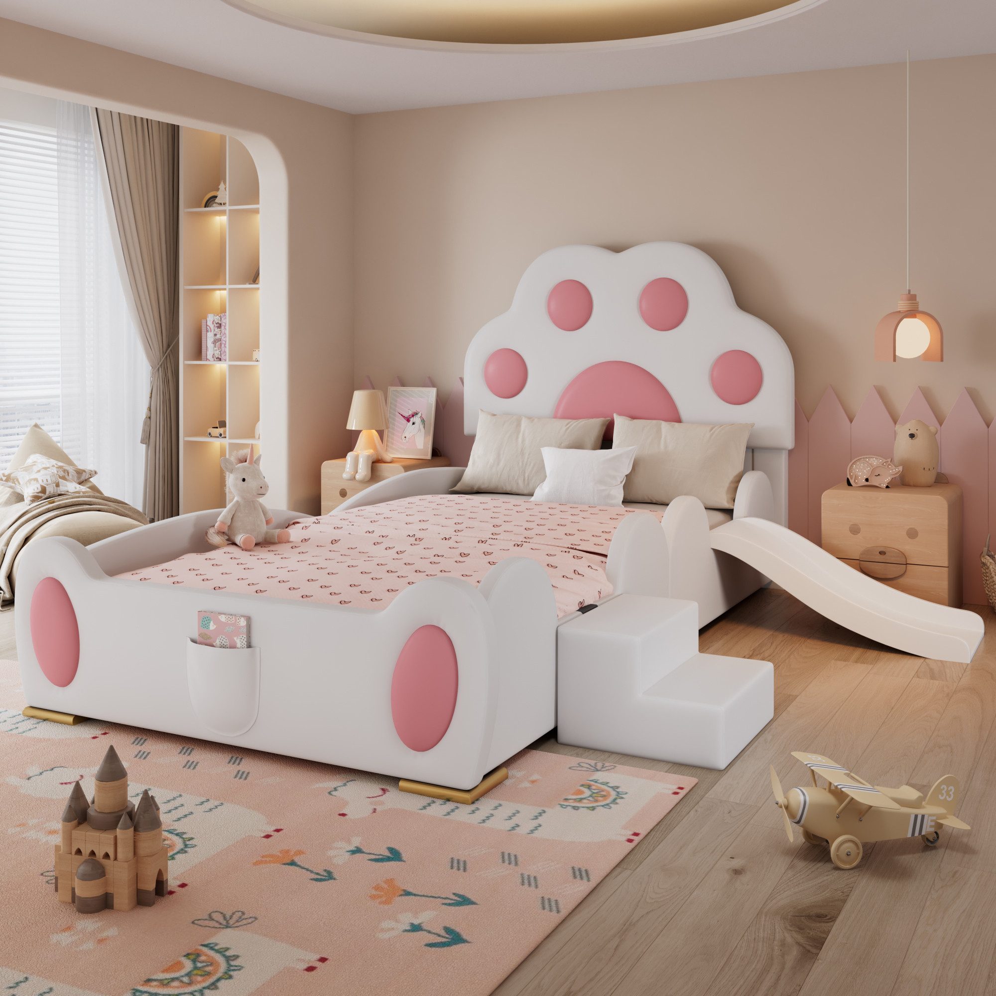 Odikalo Kinderbett Polsterbett Spielbett mit Rutsche & Katzenpfote, 90x200cm,Kinderzimmer