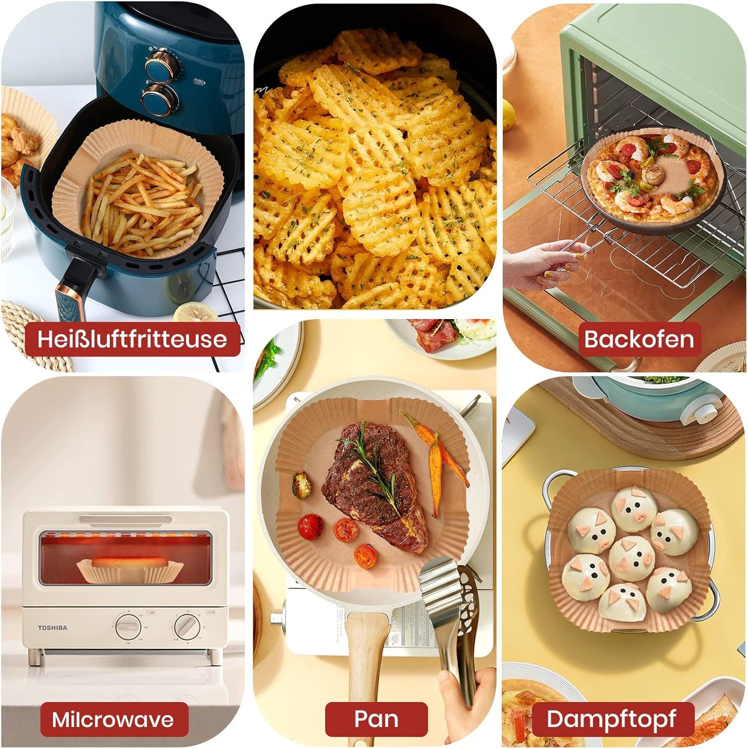 POPOLIC Backpapier 100 Stück Backpapier für Heißluftfritteuse 4,5L-8L,20 x 4,5 cm, Pergamentpapier Liner für Heißluftfritteuse Bratpfanne Ofen Mikrowelle