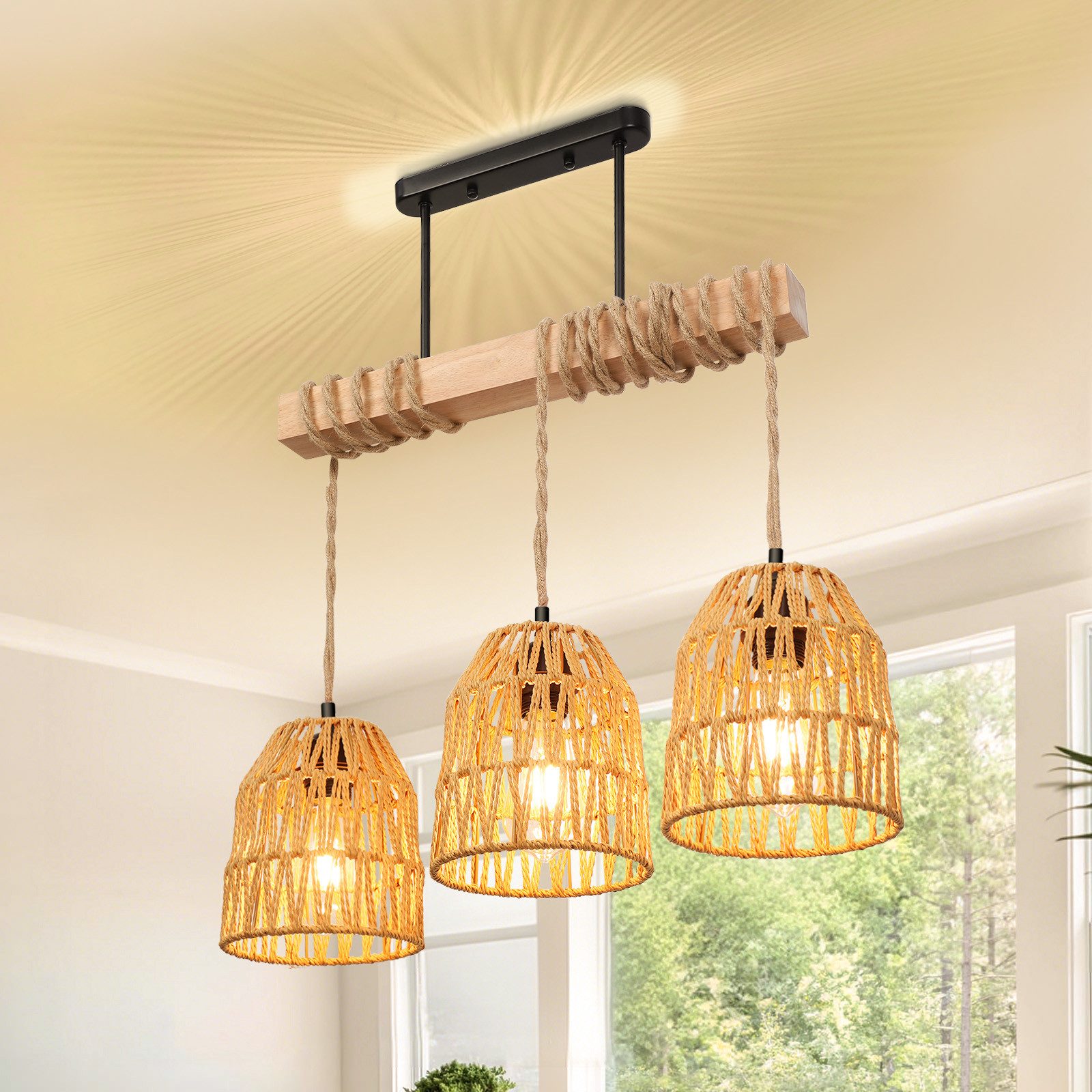 MUPOO Pendelleuchte 3-flammige Holz Hängeleuchte aus Rattan-Schirm/Holz,Höh günstig online kaufen