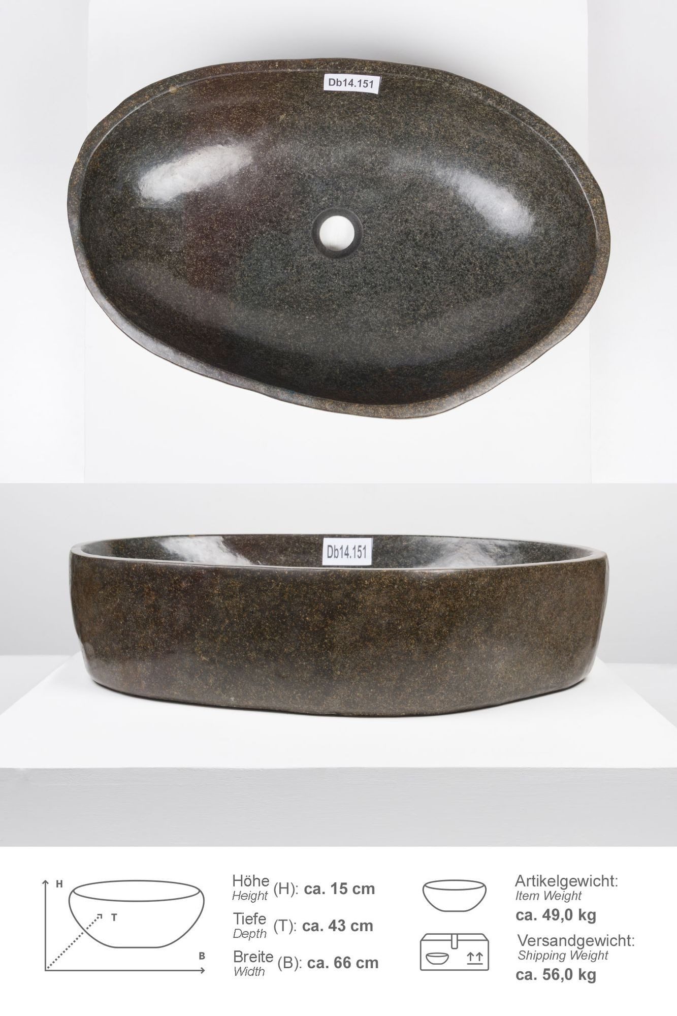 wohnfreuden Aufsatzwaschbecken Naturstein Раковини 60 cm rundum poliert (Kein Set), 686_Db14.151