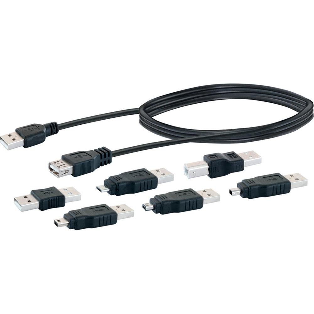Schwaiger USB 2.0 Anschlussset (7-teilig) USB-Adapter, USB Verlängerungskabel, 1,5m, Adapter, USB 2.0 Buchse Stecker, schwarz