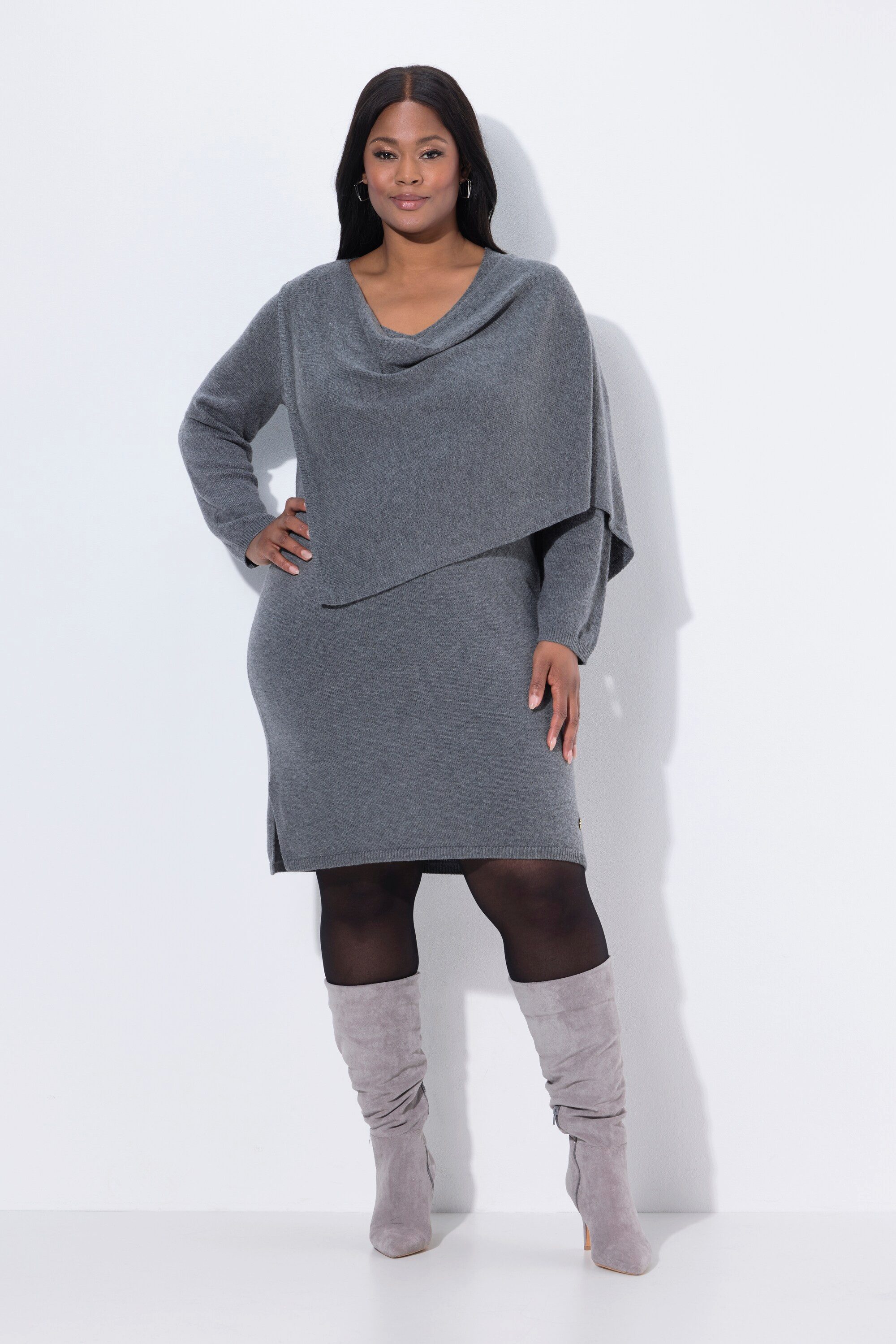 Ulla Popken Midikleid Strickkleid Schal V-Ausschnitt günstig online kaufen