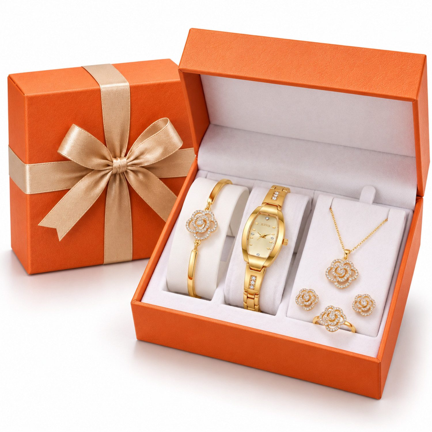 Fyrove Quarzuhr Geschenk für Frauen,Damen Geschenkset,Weihnachtsgeschenk für Frauen, (Damen Uhr Schmuck Set Geschenk für Frauen, Goldfarbene Armbanduhr mit Halskette Armband Ring Ohrringen, Geschenkbox & Uhrenarmband-Kürzer, Geburtstagsgeschenk Weihnachtsgeschenk für Freundin Frau Mama, 5-tlg., Damenarmbanduhr Damen Uhr Quarzuhr mit Armband, Damenschmuck)