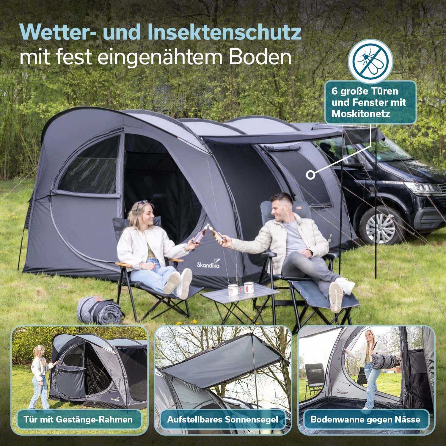 Skandika Buszelt Esbjerg Travel 2 Protect, Freistehend, 1 Schlafkabinen, Personen: 2 (Moskitonetz an allen Eingängen und Fenstern, Tragetasche), Wassersäule 3000 mm, eingenähter Zeltboden, 2,1 m Stehhöhe