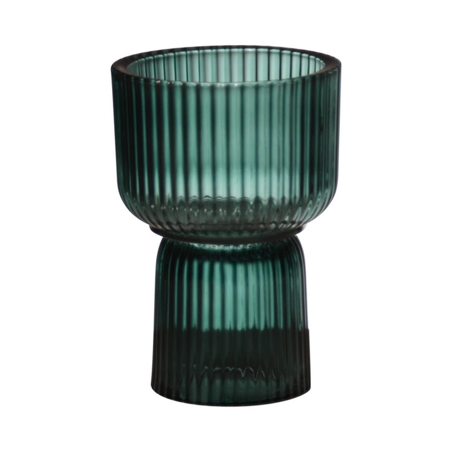 INNA-Glas Kerzenhalter Maxi Teelichtglas Kensie, Rillen, grün-klar, 15,5cm, Ø10,5cm