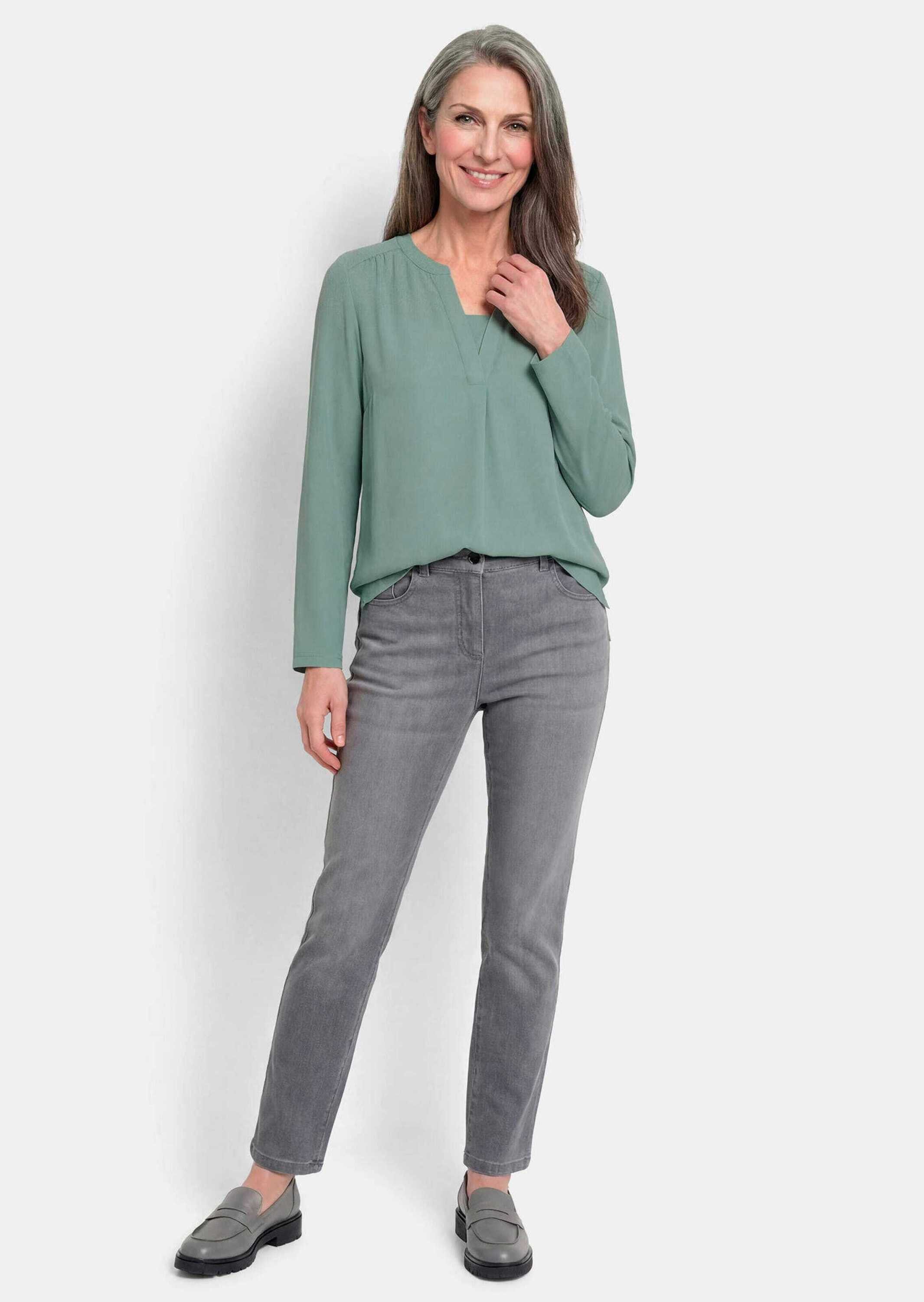 GOLDNER Shirtbluse Elegantes Chiffonshirt mit Jersey-Details Langarmshirt mit Rundhals und V-Schlitz und langen Ärmeln – Bild 4 von 5