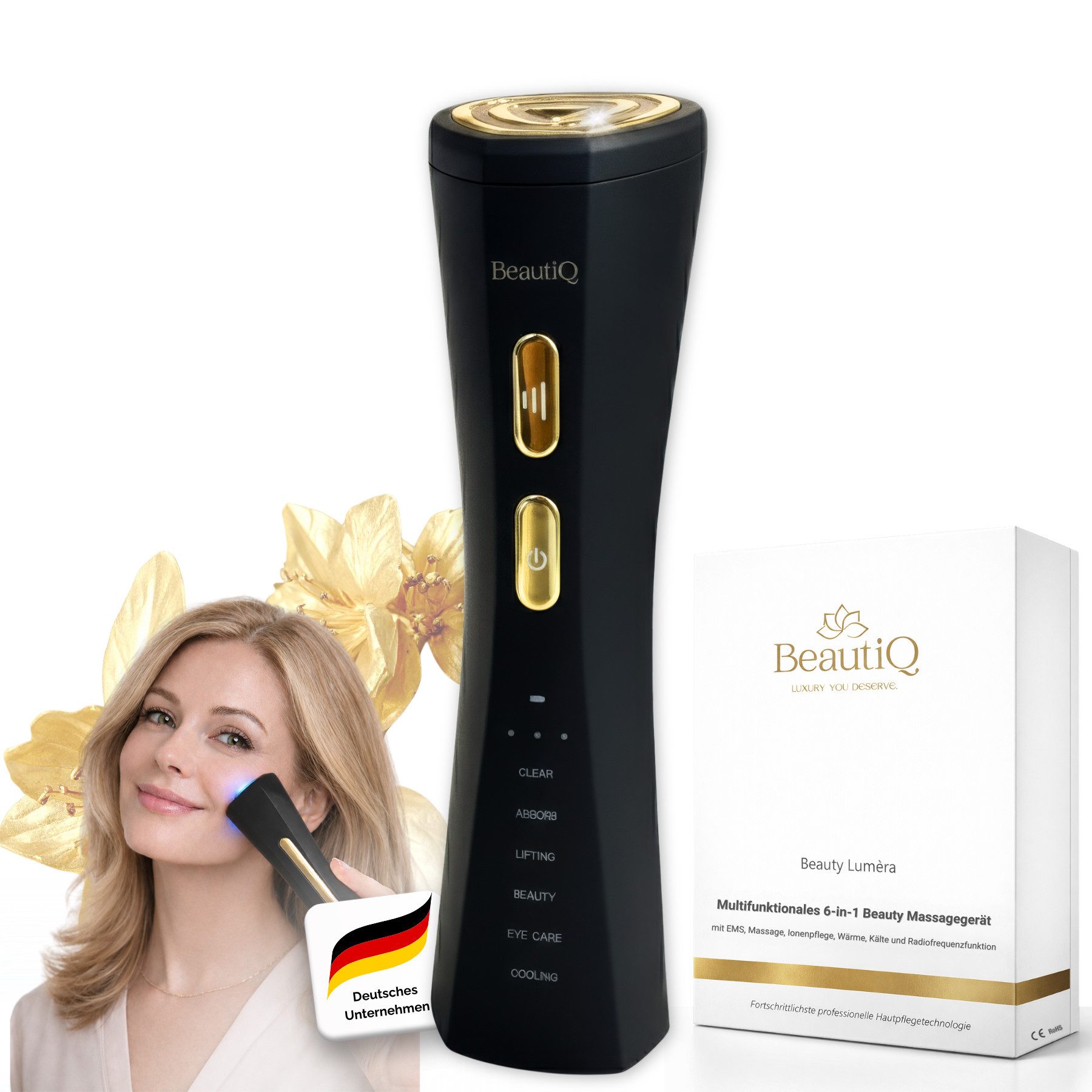BeautiQ Gesichtsmassagegerät Lumèra PRO 6 in 1 [Beauty-Neuheit], EMS, Anti-Aging Innovation, Full Inclusive Beauty Set, Radiofrequenz, LED, Vibration, Tiefenreinigung, Lifting-Modus, Augenpflege, Kühlung, Anti-Aging