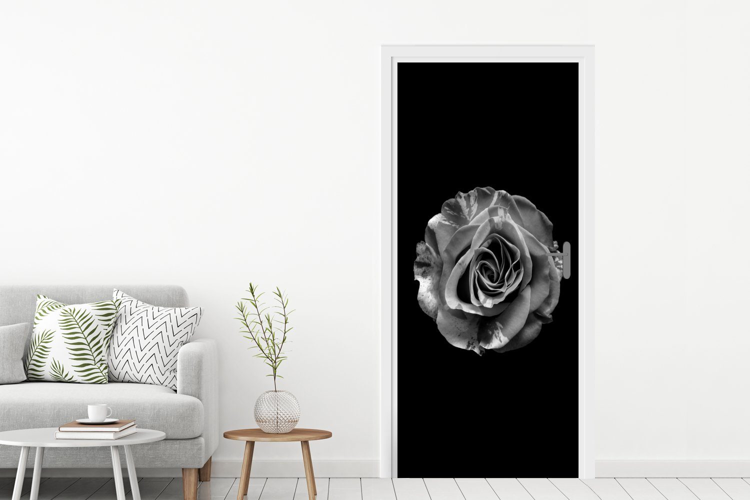 - Schwarz Türtapete Blumen Türaufkleber, bedruckt, (1 St), 75x205 Matt, cm Botanisch, MuchoWow Tür, - Rose - Fototapete Weiß für -