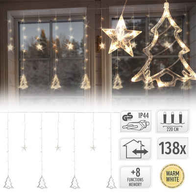 ECD Germany Weihnachtsfigur LED Fenster Lichtervorhang Weihnachtsbäume und Sterne Weihnachtsdeko, Warmweiß 220cm mit 138 LEDs und Sterne 8 Funktionen für Innen/Außen