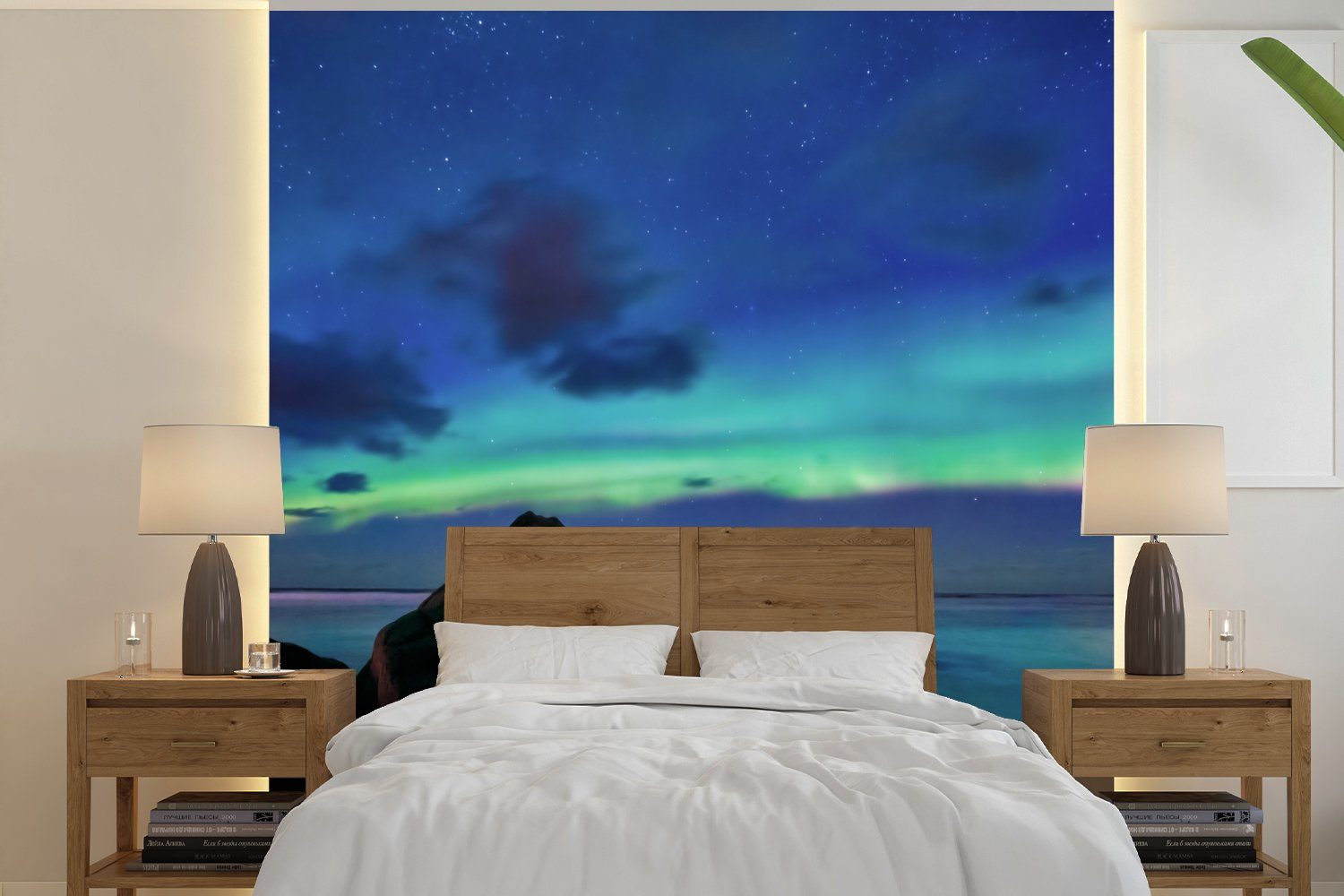 MuchoWow Fototapete Himmel - Landschaft - Polarlicht, Matt, bedruckt, (5 St), Vinyl Tapete für Wohnzimmer oder Schlafzimmer, Wandtapete