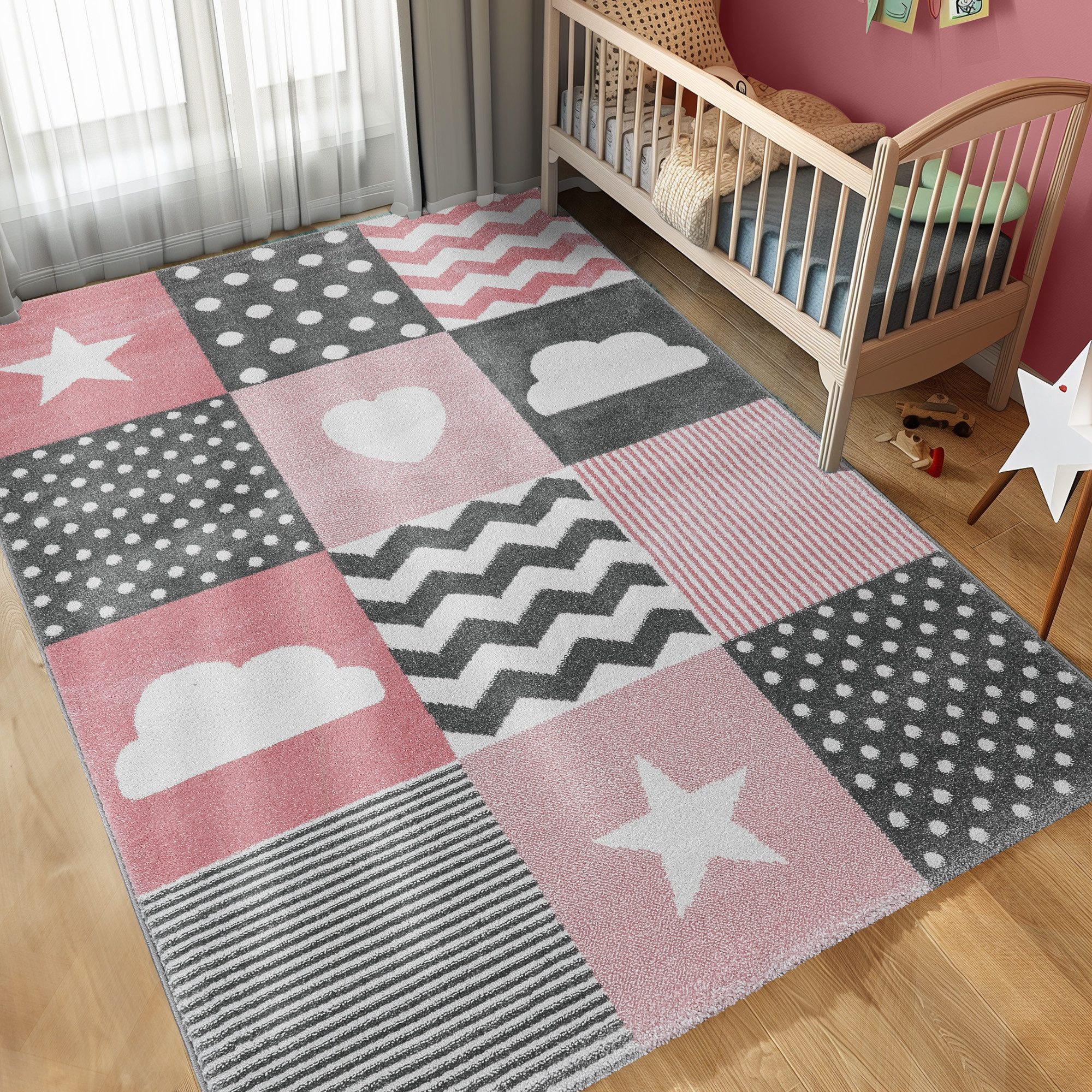 Carpettex Kinderteppich Herz- und Stern Design, Rund, Höhe: 11 mm, Kinderteppich Karo Design Rosa Baby Teppich Kinderzimmer Pflegeleicht