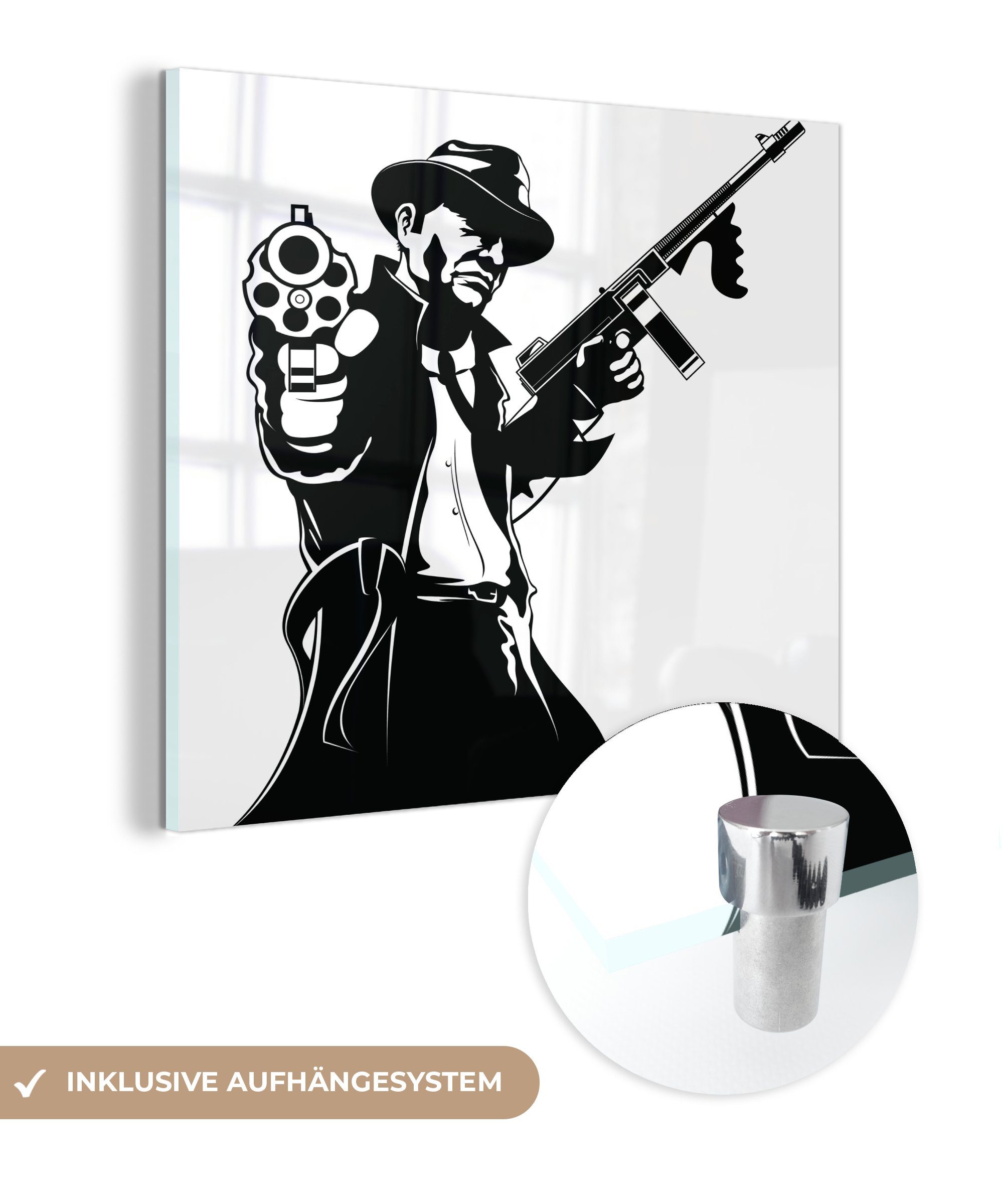 MuchoWow Acrylglasbild Illustration eines Mafia-Mitglieds mit zwei Waffen in schwarz-weiß, (1 St), Glasbilder - Bilder auf Glas Wandbild - Foto auf Glas - Wanddekoration
