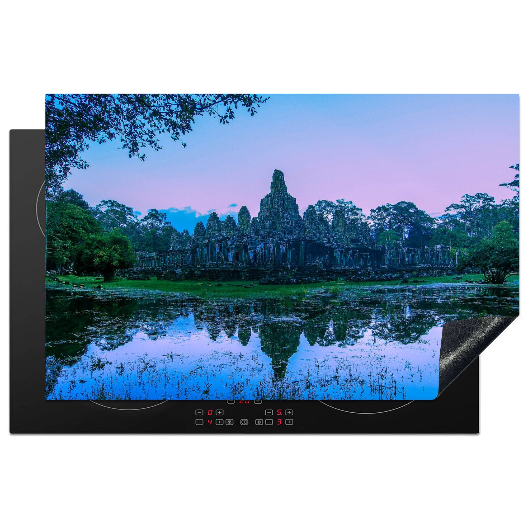 MuchoWow Herdblende-/Abdeckplatte Spiegelung des Bayon-Tempels im Wasser bei Sonnenuntergang, Vinyl, (1 tlg), 81x52 cm, Induktionskochfeld Schutz für die küche, Ceranfeldabdeckung