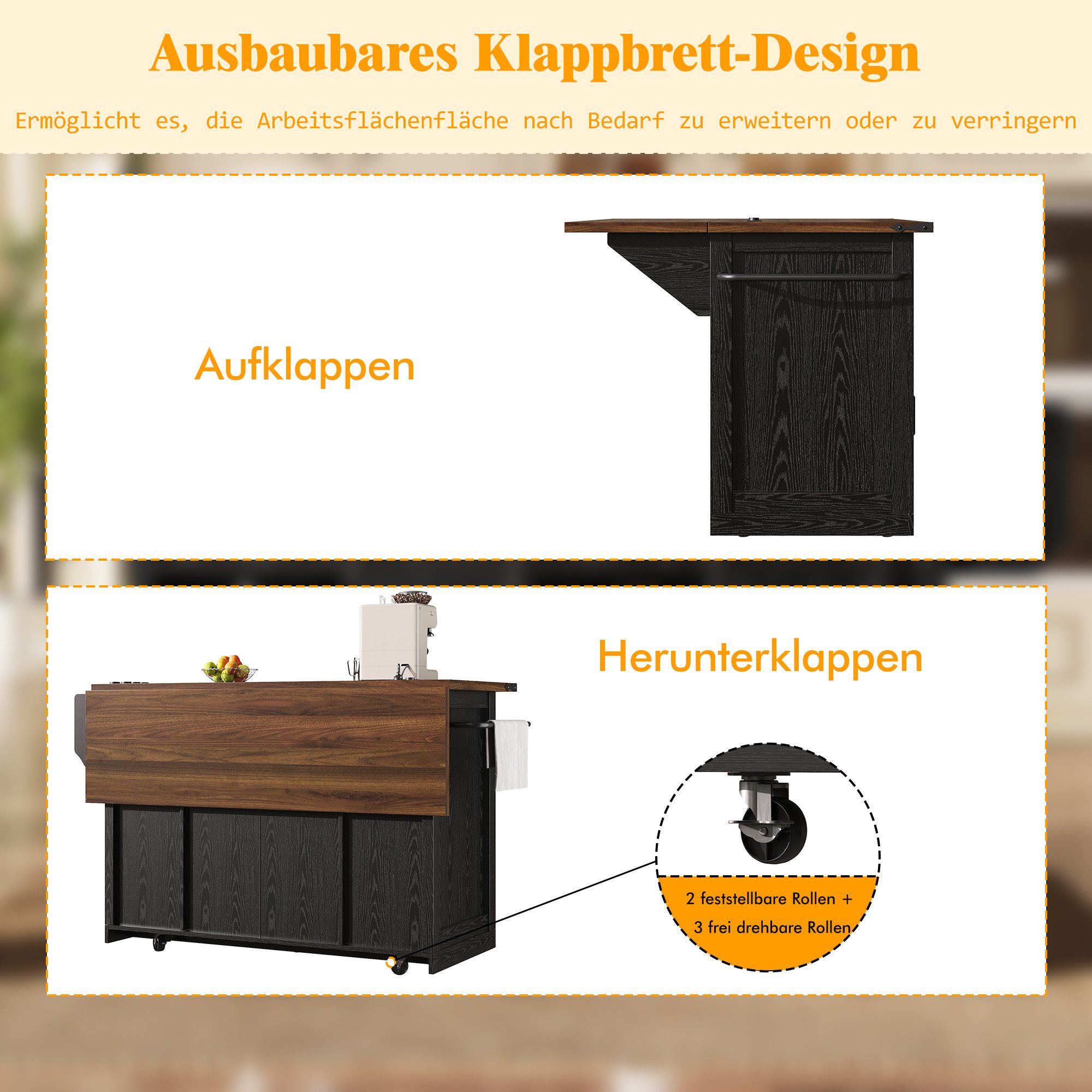 i@home Kücheninsel freistehender Küchenwagen, (USB & Steckdosen), auf Rollen mit ausziehbarer Arbeitsplatte & Stromanschluss – Bild 5 von 5