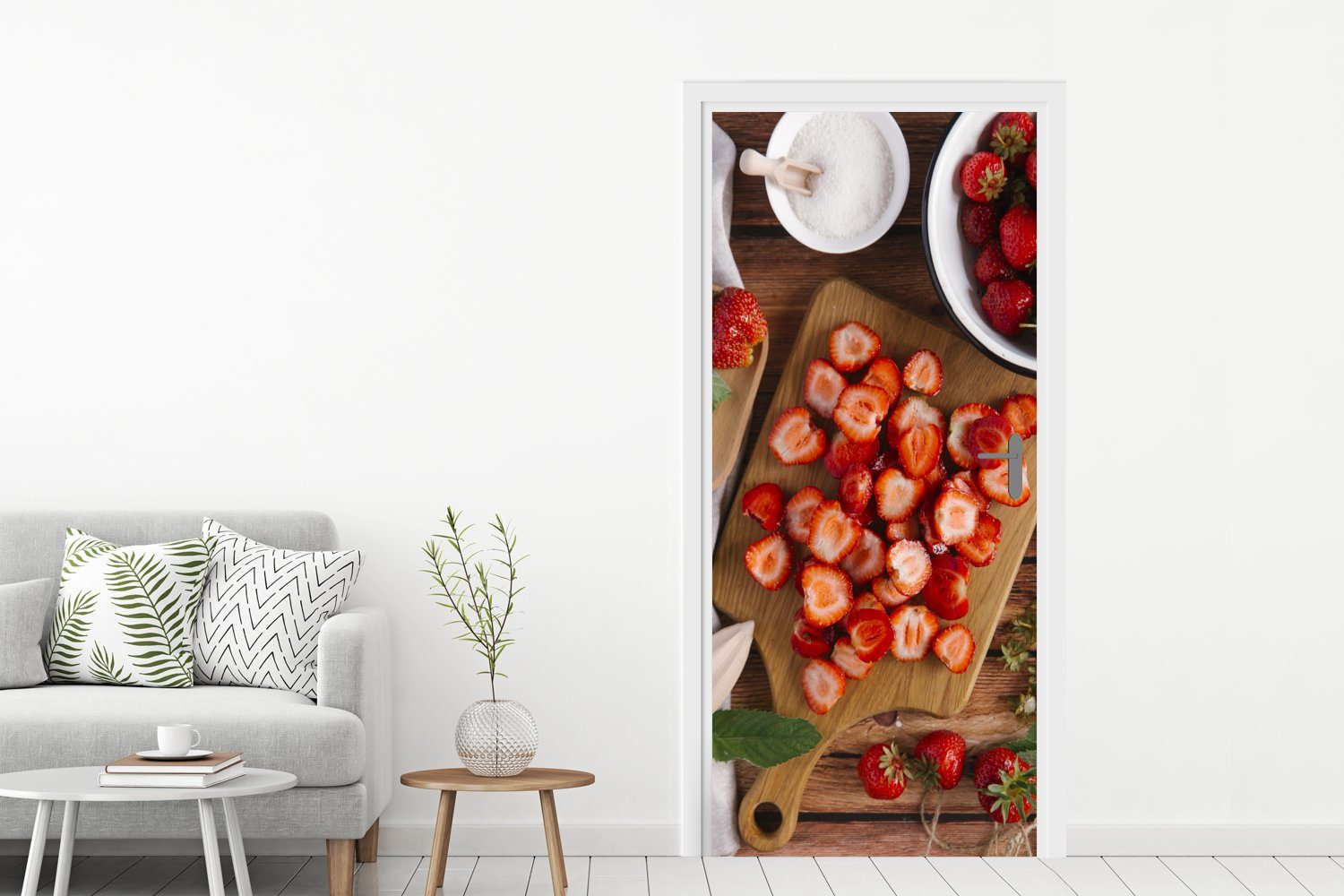 Schneidebrett, für auf Erdbeeren Fototapete Türtapete bedruckt, (1 St), MuchoWow Tür, Türaufkleber, Matt, 75x205 cm einem