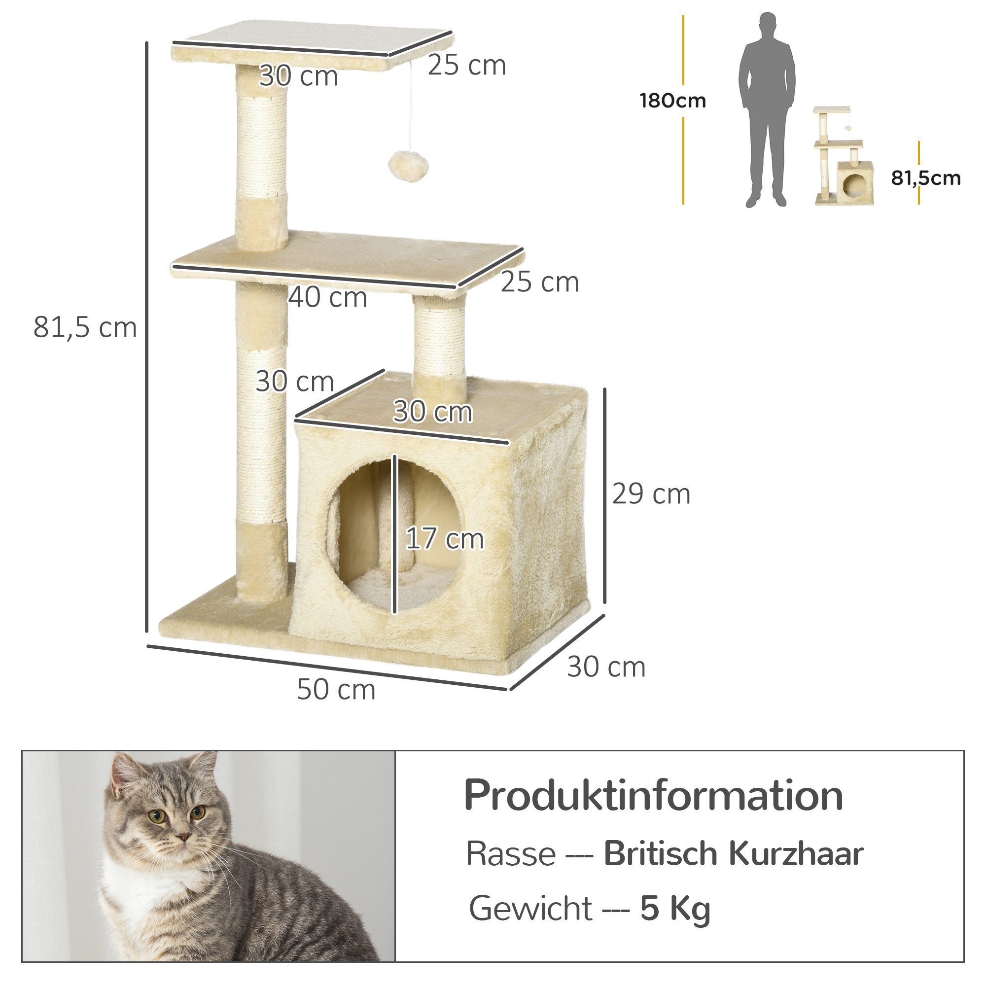 PawHut Kratzbaum Katzenbaum Katzenmöbel mit weichem Plüsch E1-Klasse Spanplatte Beige, 50B x 30T x 81.5H cm