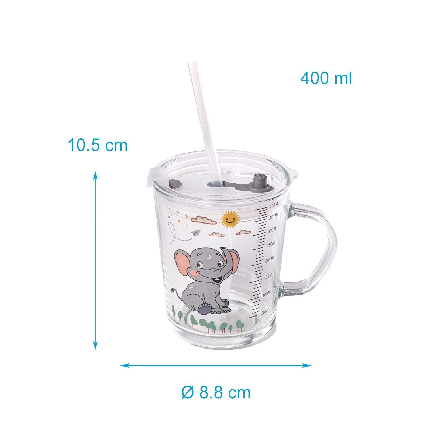Intirilife Kinderbecher, 1-tlg., Glas, Kinder Trinkbecher transparent mit Deckel Strohhalm mit Elefant Design