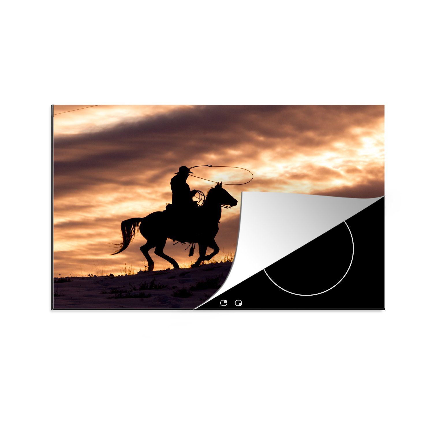 MuchoWow Herdblende-/Abdeckplatte Ein einsamer Cowboy bei Sonnenuntergang, Vinyl, (1 tlg), 81x52 cm, Induktionskochfeld Schutz für die küche, Ceranfeldabdeckung