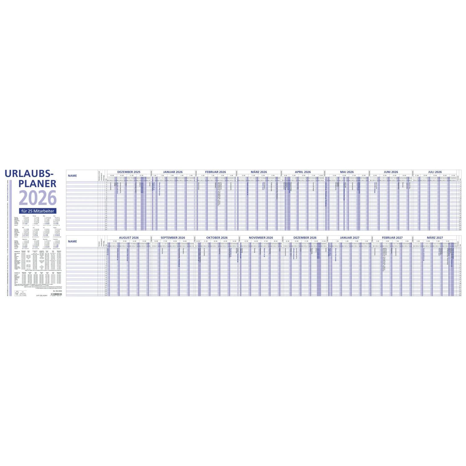 ZETTLER Wandkalender Zettler Urlaubsplaner 16 Mon 2026 - Wandkalender 100 × 30 cm, 16...