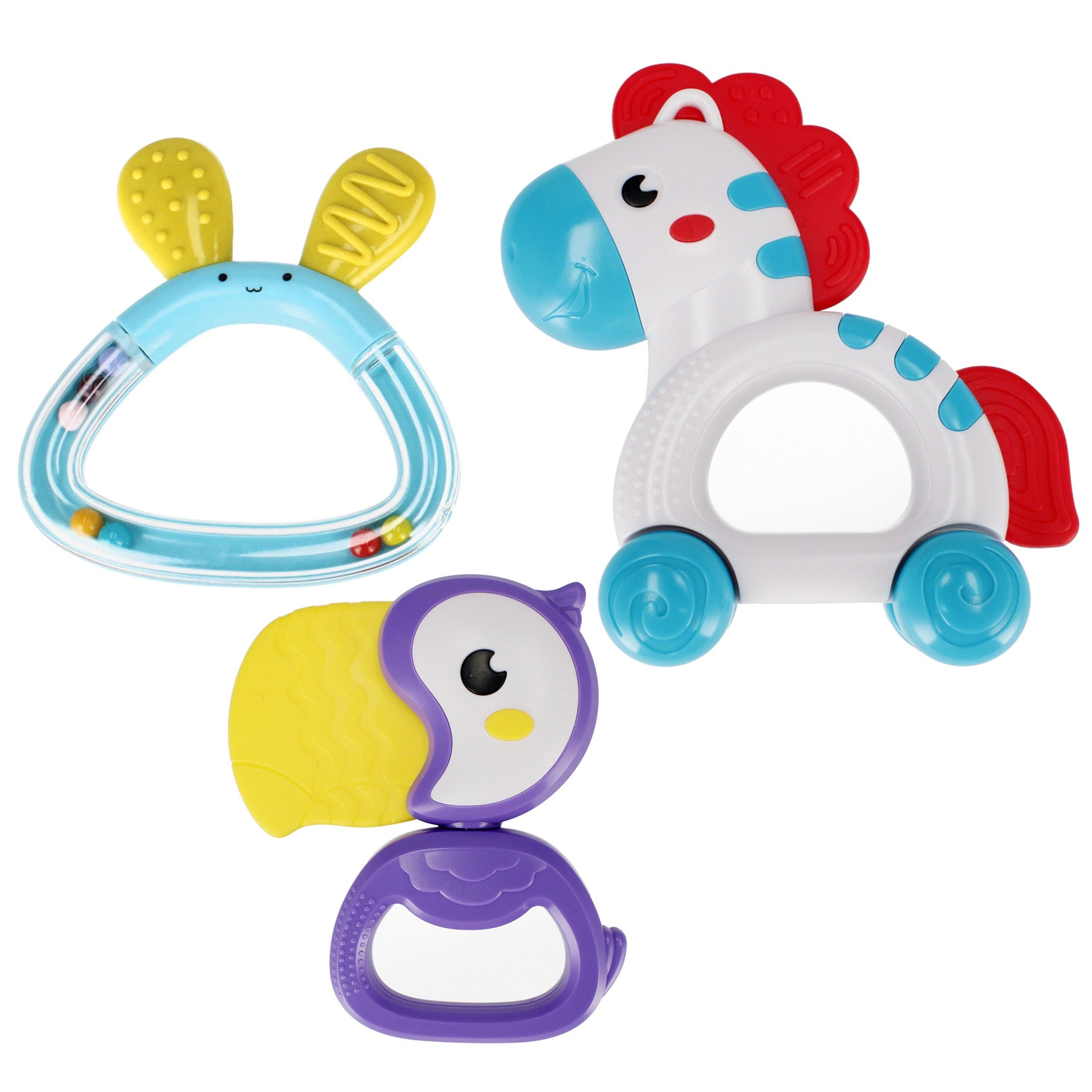 Rassel Baby-Spielzeug: 3x Tier-Rassel Zebra, Hase, Tukan Bam Bam