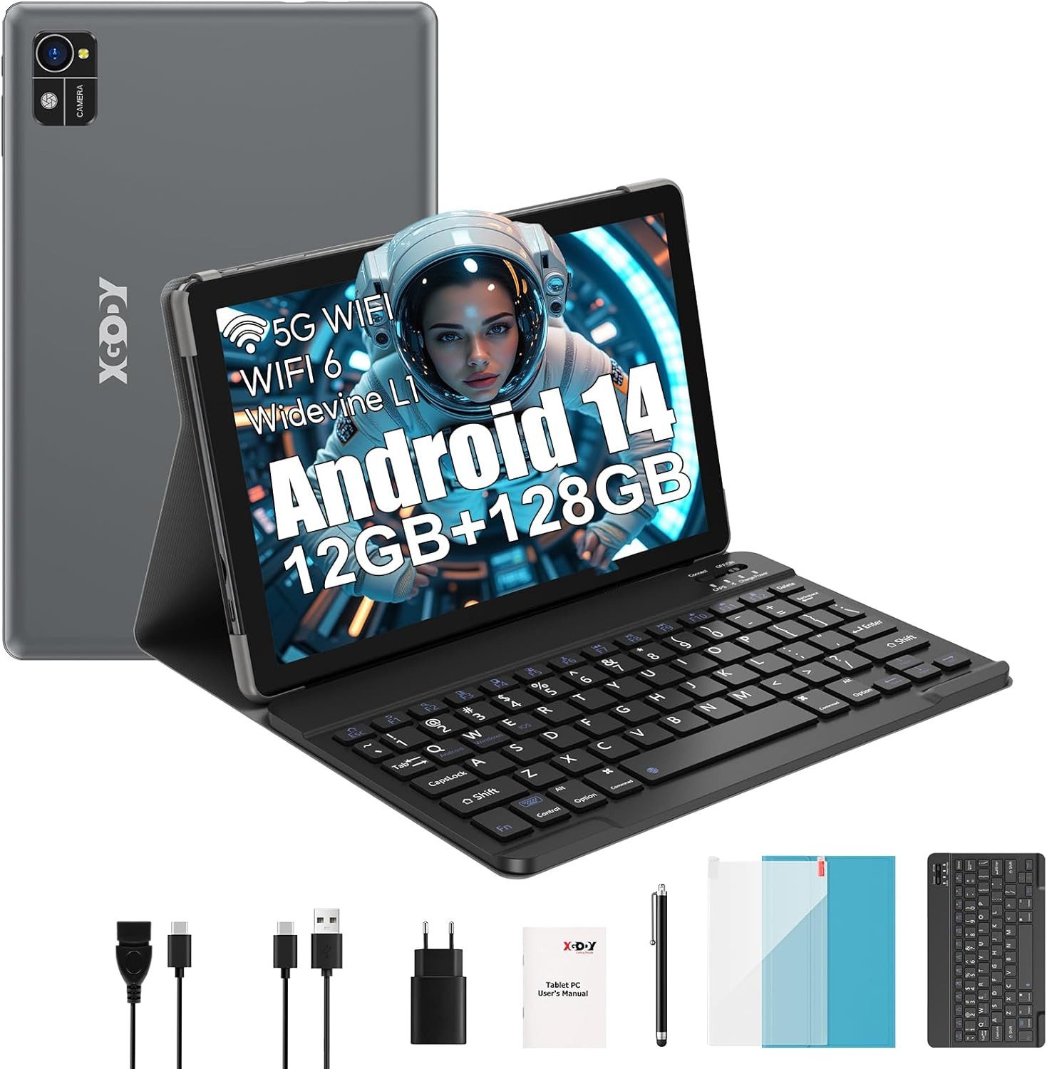 XGODY 2,4G/5G WLAN 2,0 GHz, 12 GB RAM 7000 mAh Akku Tablet (10", 128 GB, Android 14, Vielseitiges Gerät für Arbeit, Unterhaltung und mobiles Surfen)
