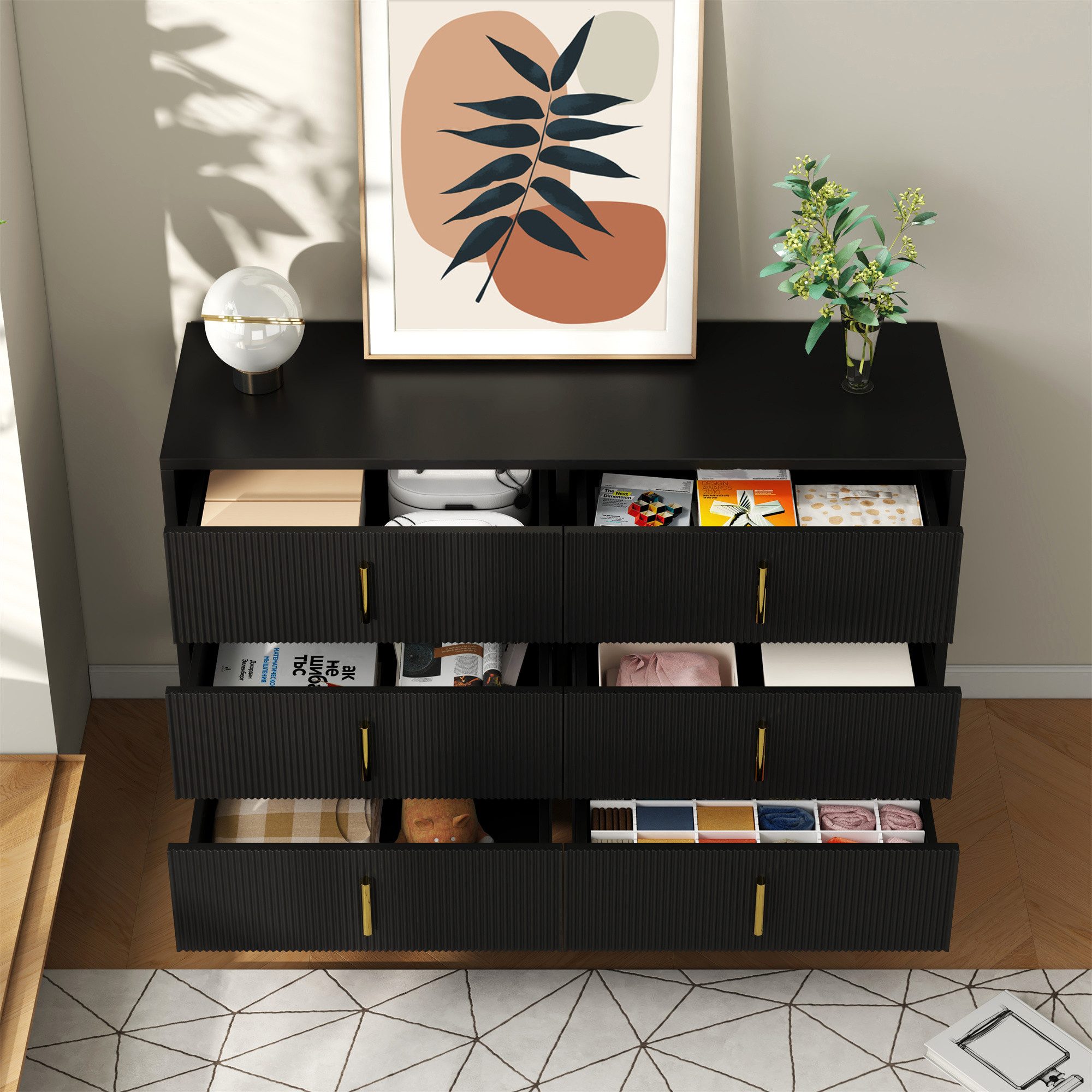Merax Schubkastenkommode mit goldenen Griffe und Beine aus Metall (120x40x77 cm), Sideboard mit sechs Schubladen, Kommode, Aufbewahrungsschrank
