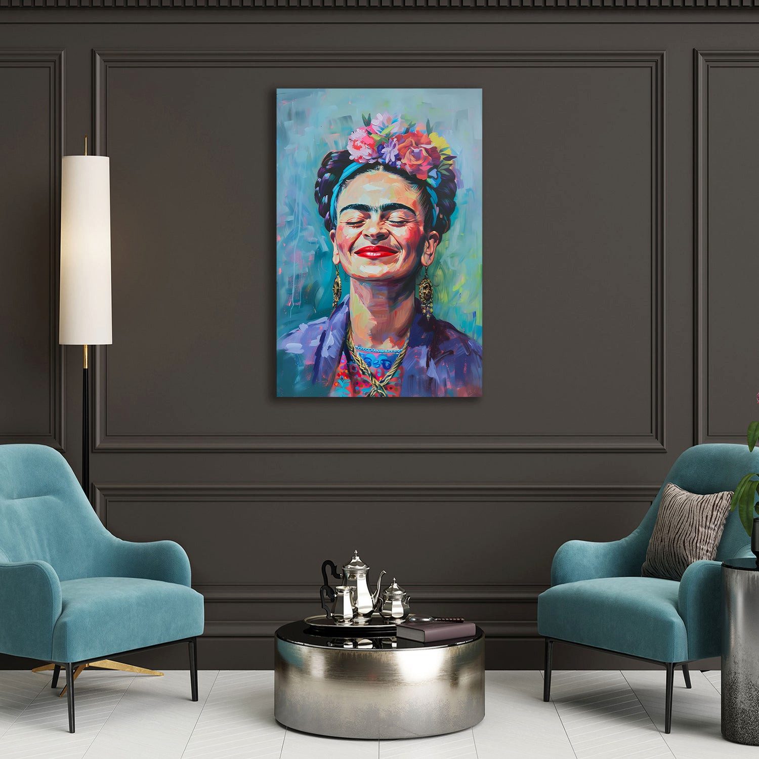 Artedinoi Leinwandbild Porträt lächelnd mit Blumen Wandbild Leinwandbild Kunstdruck XL Wandde, Lächelndes Porträt mit Blumen