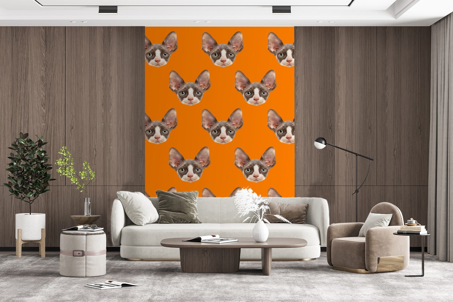 Matt, Tapete Wohnzimmer, (3 MuchoWow - Katze Vinyl Wandtapete - Montagefertig Fototapete Muster, bedruckt, St), Orange für
