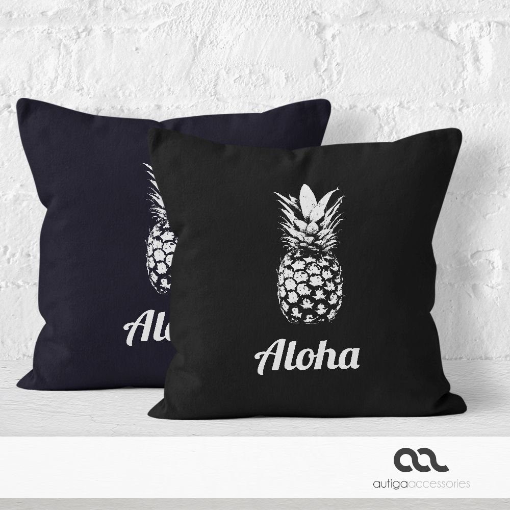 Dekokissen schwarz Pineapple Aloha Kissen-Hülle Kissenbezug Autiga Baumwolle 40x40 Autiga® Ananans