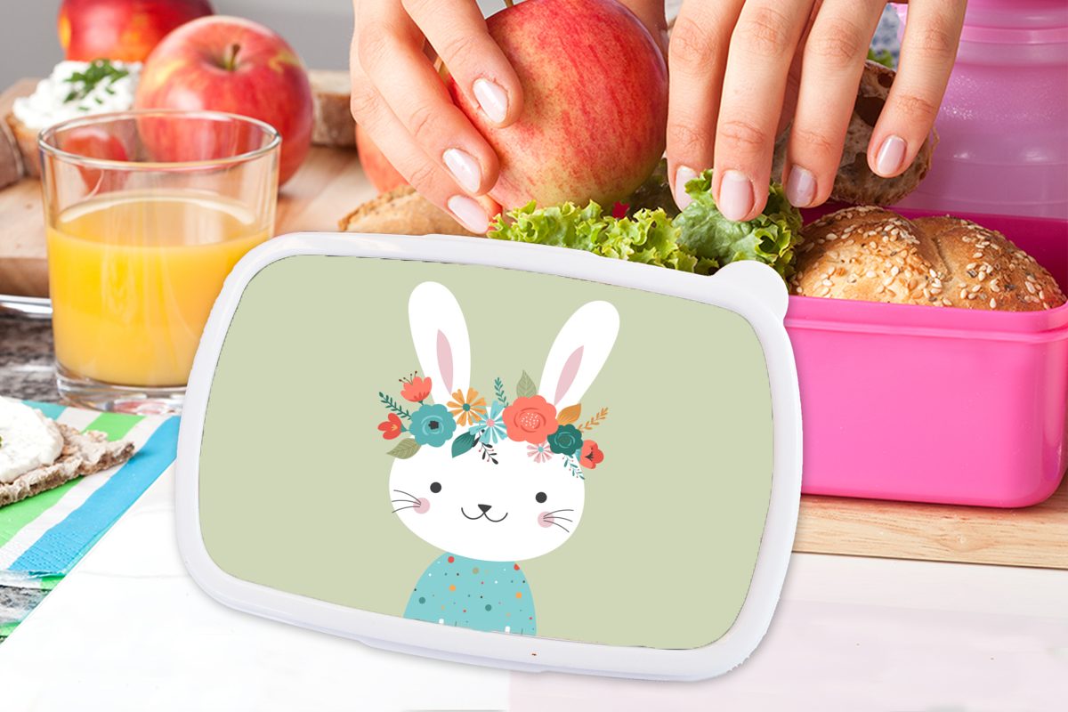 Lunchbox Erwachsene, - Kaninchen Snackbox, (2-tlg), MuchoWow Brotbox rosa Mädchen, - Kinder, Blumen, für Brotdose Sommer Kunststoff, Kunststoff