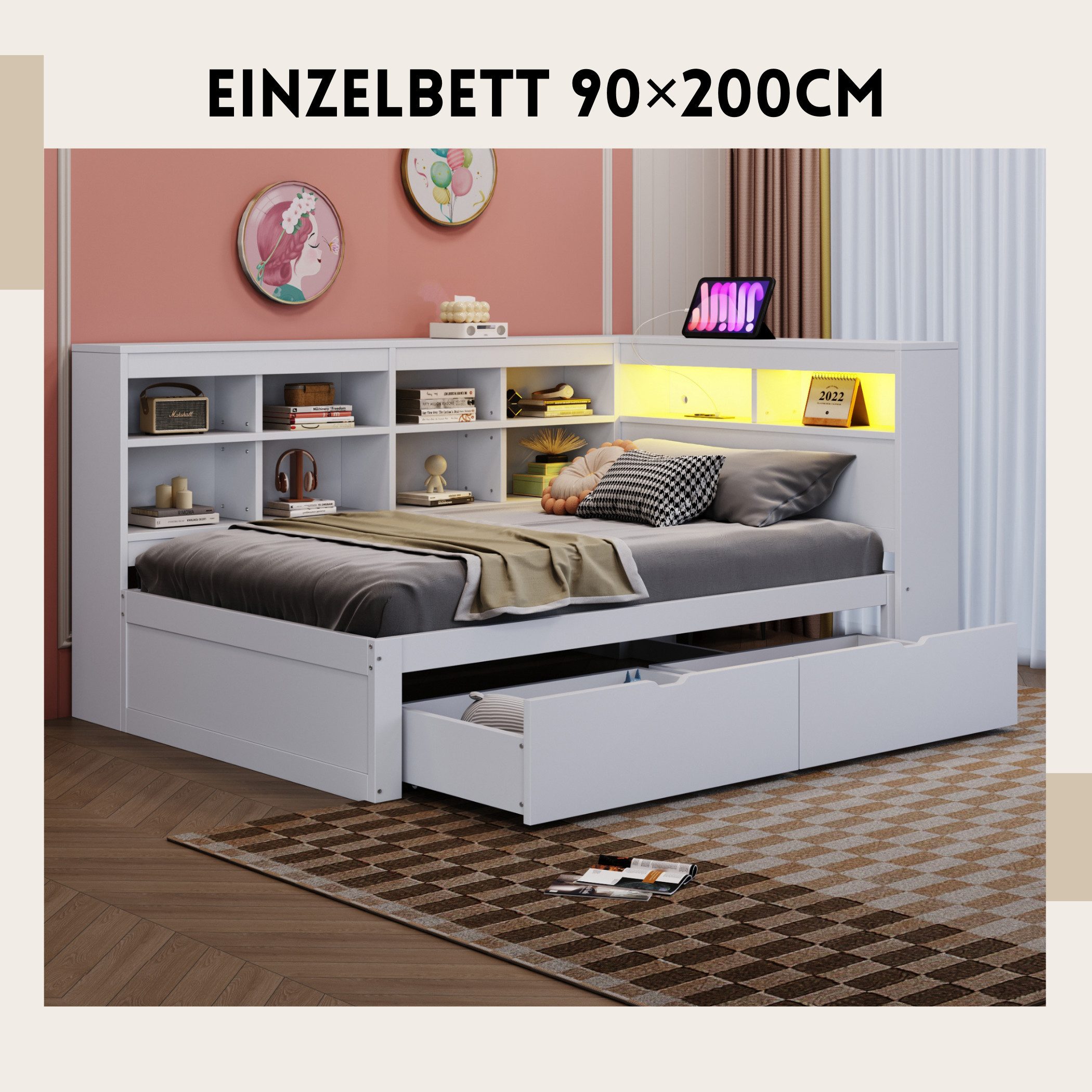 SeedWave Holzbett Modern LED Einzehlbett Stauraumbett mit 2 Rollen-Schubladen, 90×200cm, Inkl. 2 Steckdosen + 2 USB-Anschlüsse