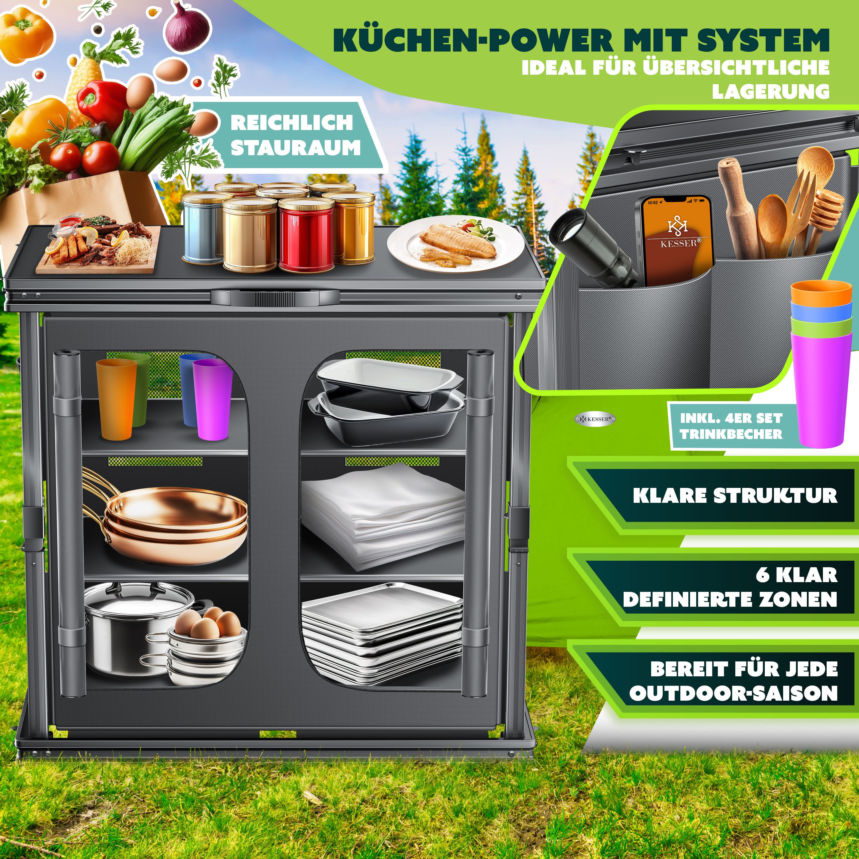 KESSER Campingschrank mit Aluminiumgestell Campingküche faltbar 84x80cm 6-Fachböden (Küchenschrank inkl. 4er Becherset, Seitentaschen & Fliegengitter) Outdoor C – Bild 2 von 5