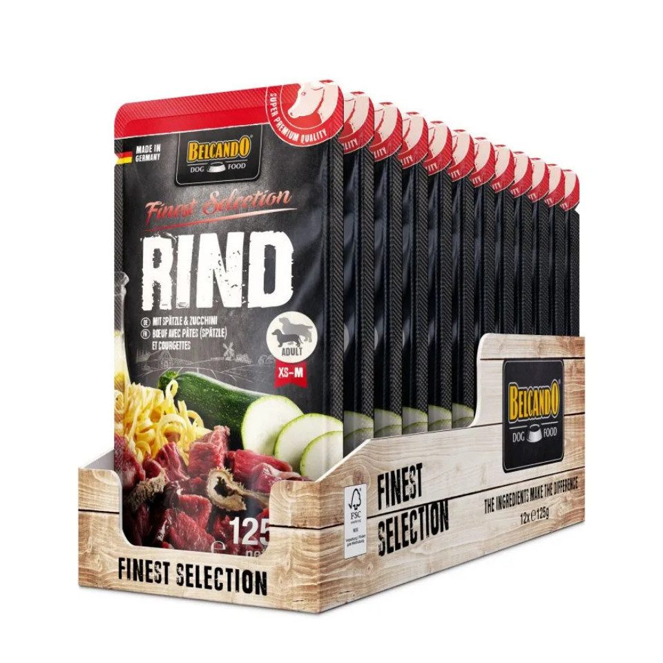 Belcando Rind mit Spätzle & Zucchini - Premium Nassfutter in Frischebeuteln 12x125g, Nassfutter für: Hunde