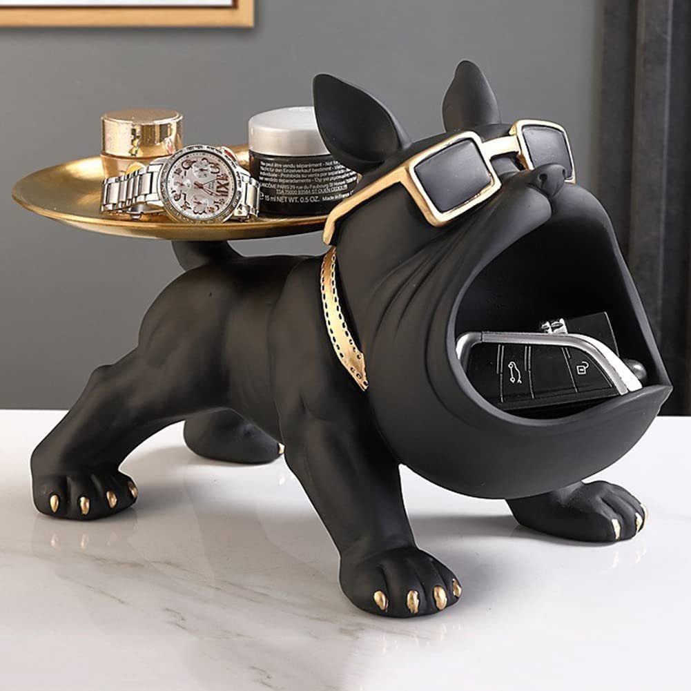 GelldG Dekofigur Bulldogge Tablett Deko Französische Bulldogge Dekofigur Tierskulptur