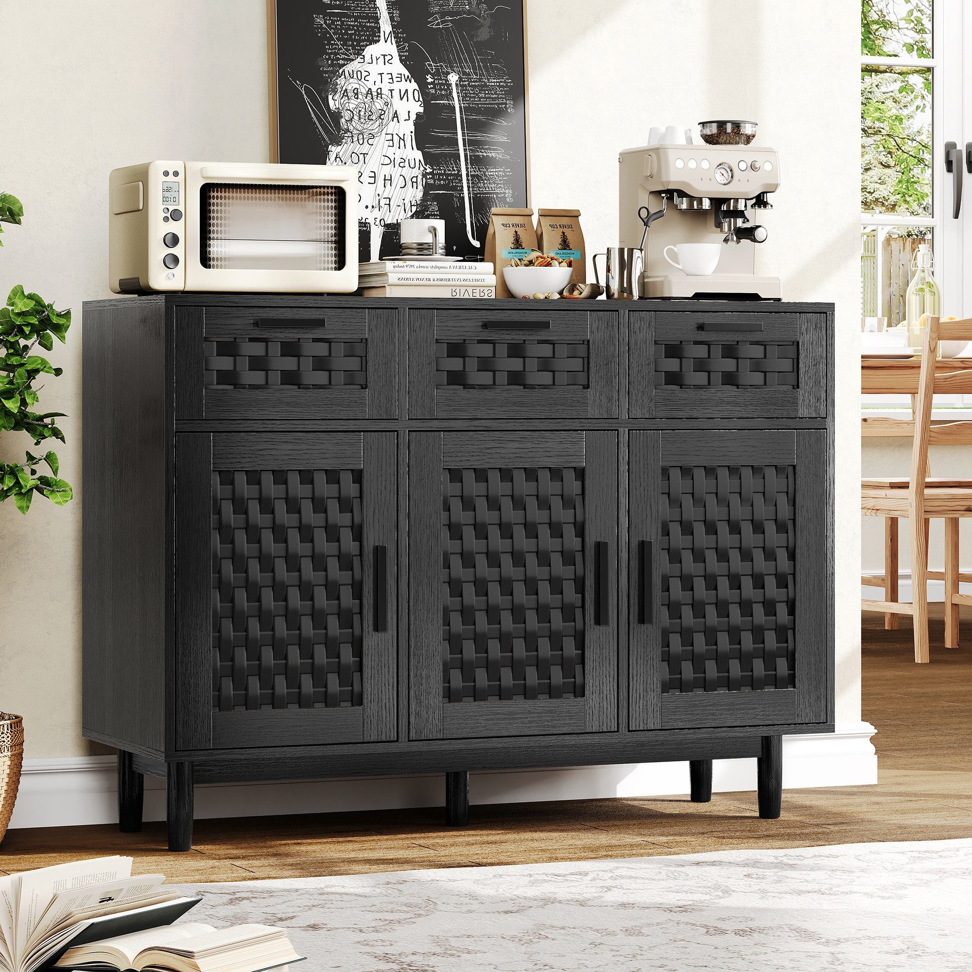 zebery Kommode Sideboard Buffetschrank aus Rattan, Holzbeine (Set, 1 St., Anrichte Küchenschrank mit 3 Schubladen und 3 Türen, Metallgriff), für Schlafzimmer, Wohnzimmer, Flur, 108x40x80cm, Holzfarben