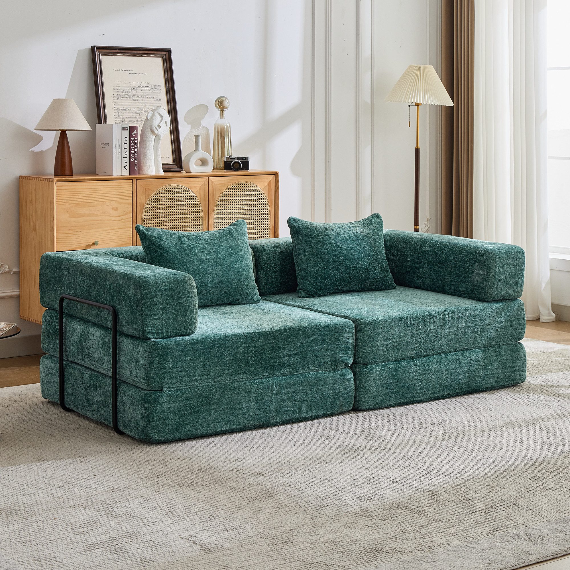 Vankel Sofa Sofas Wohnzimmer, 2-Sitzer Sofa mit Schlaffunktion Chenille, Modulares Schlafsofa, faltbar, bequem und ohne Montage